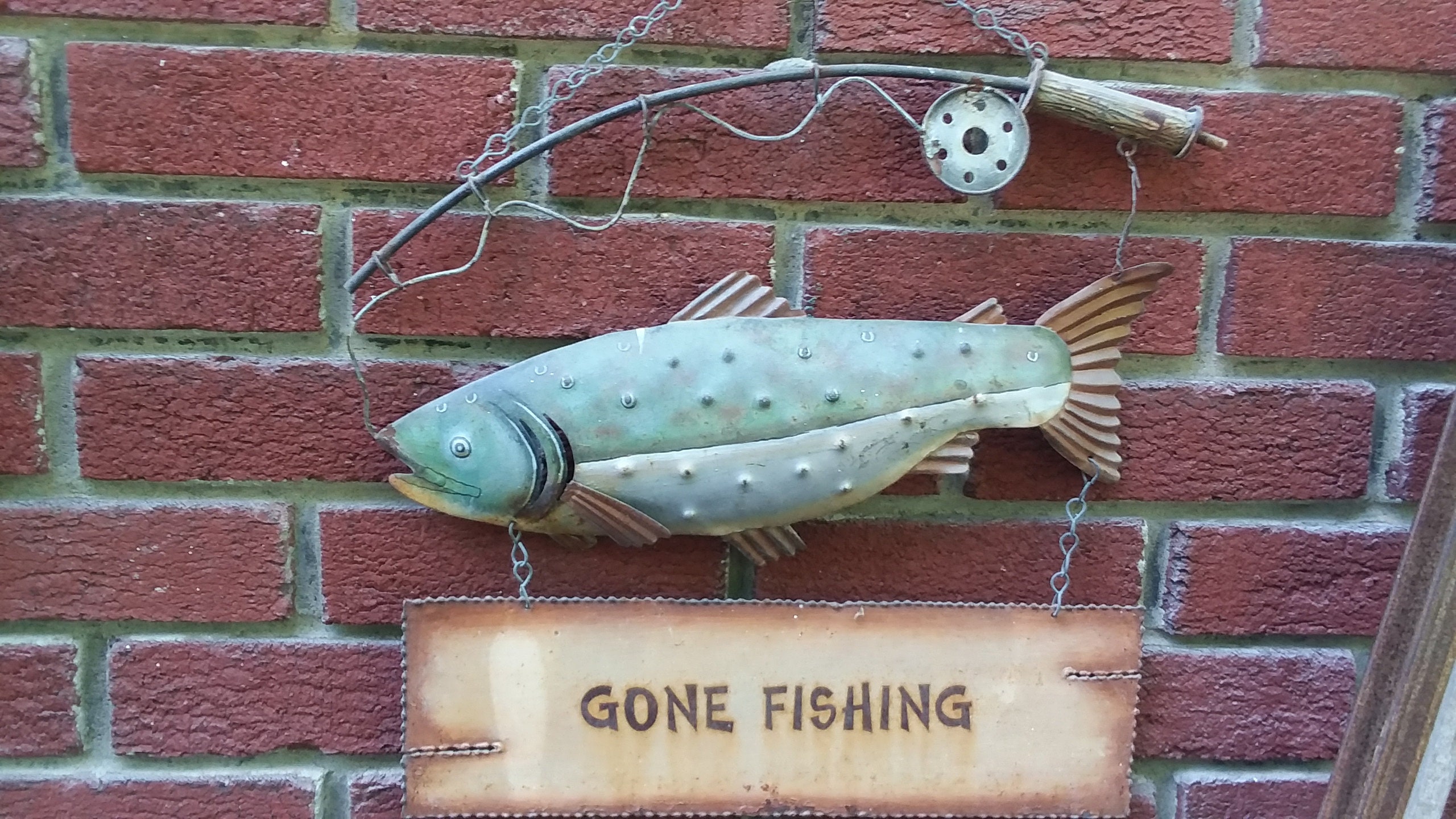 Vintage Gone Fishing Metal Sign, Lake House, Cabin or beach Fishing