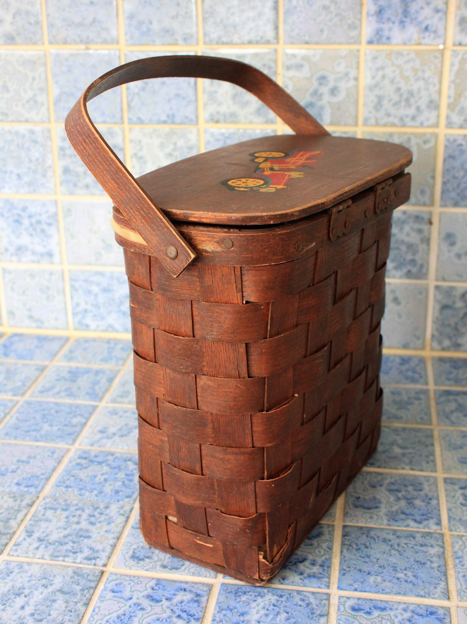 Vintage basket purse hand painted