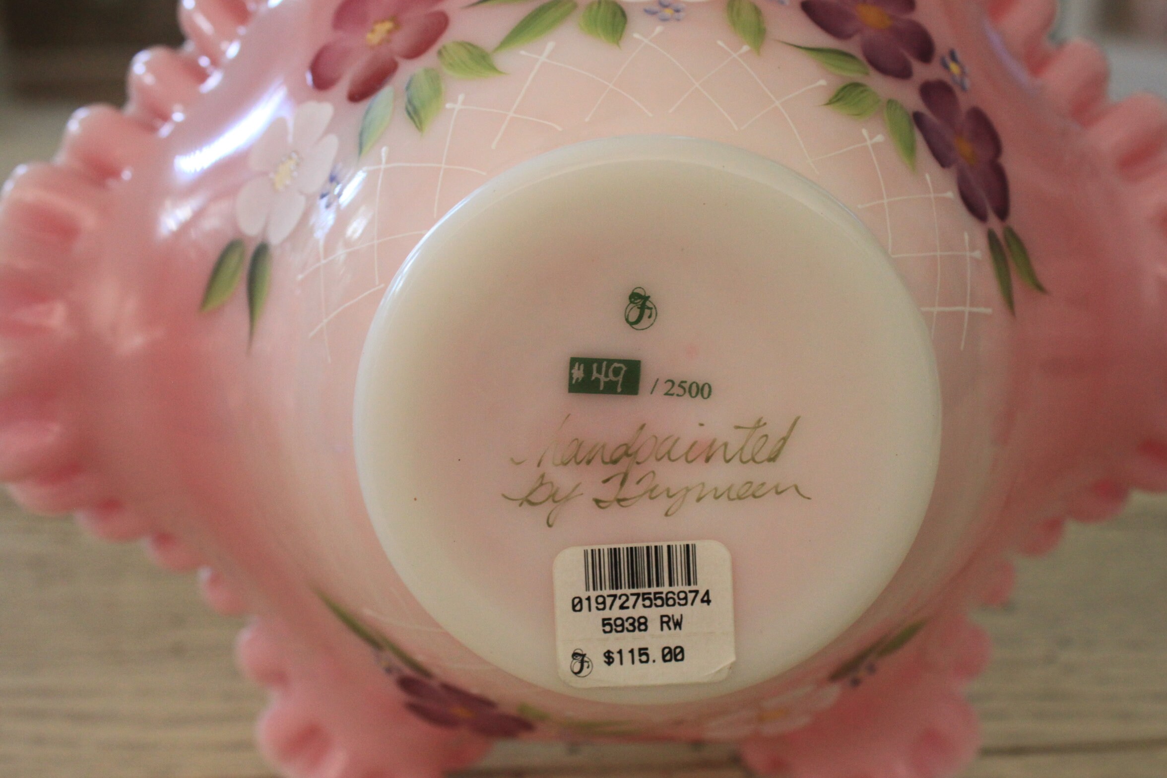 Fenton Art Glass, Rosalene Basket, hand painted signed 49/2500, 9.5