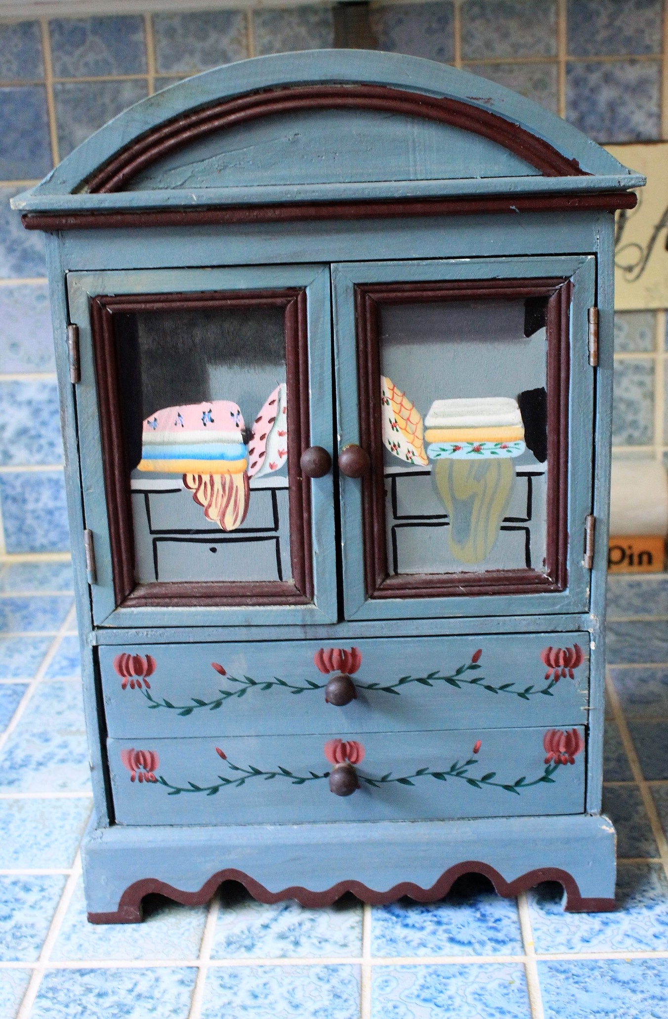 Vintage Hand Made Wooden Doll Furniture Wardrobe