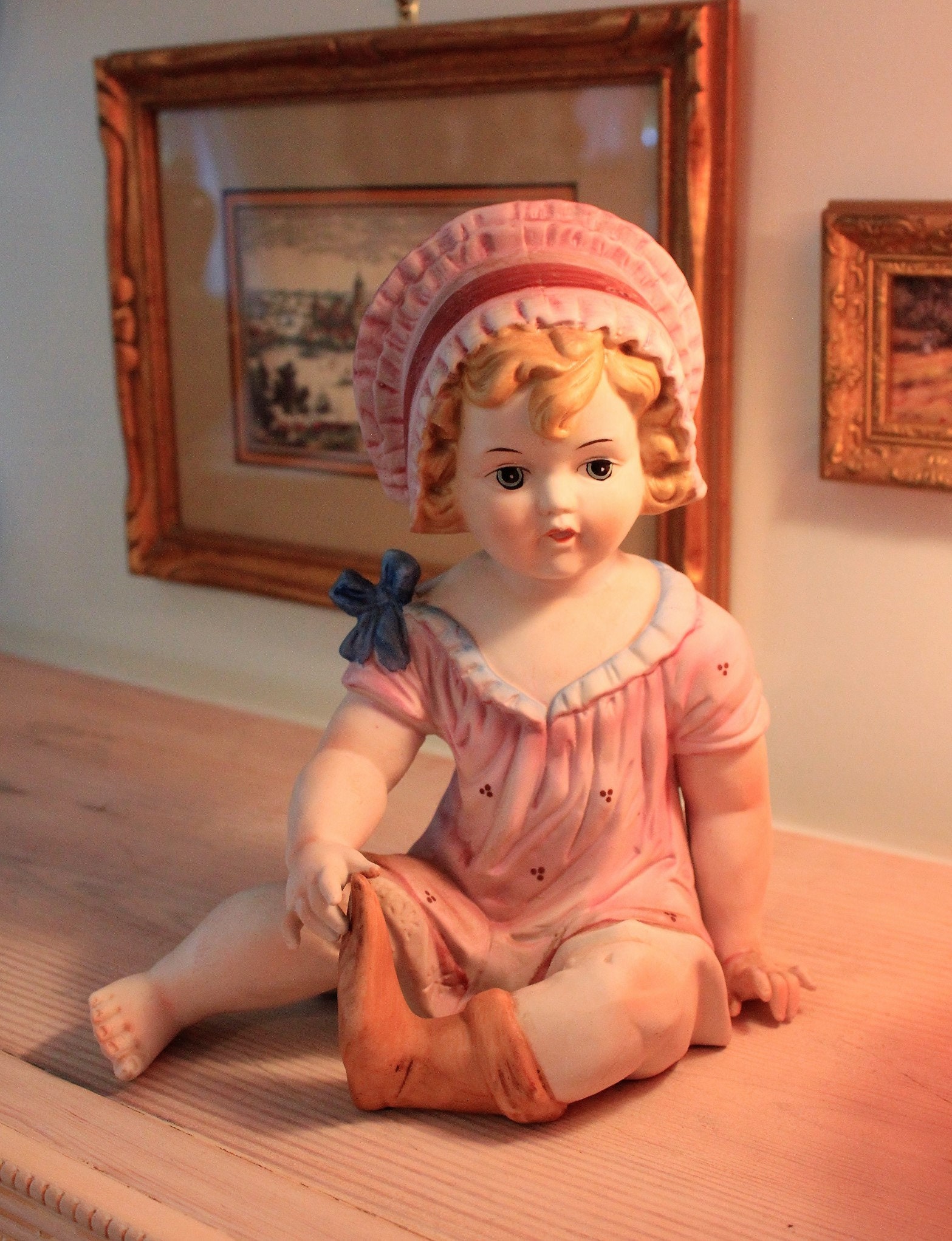 VTG Hand Painted Piano Baby Figure Girl Bisque Porcelain Hat Sock Doll