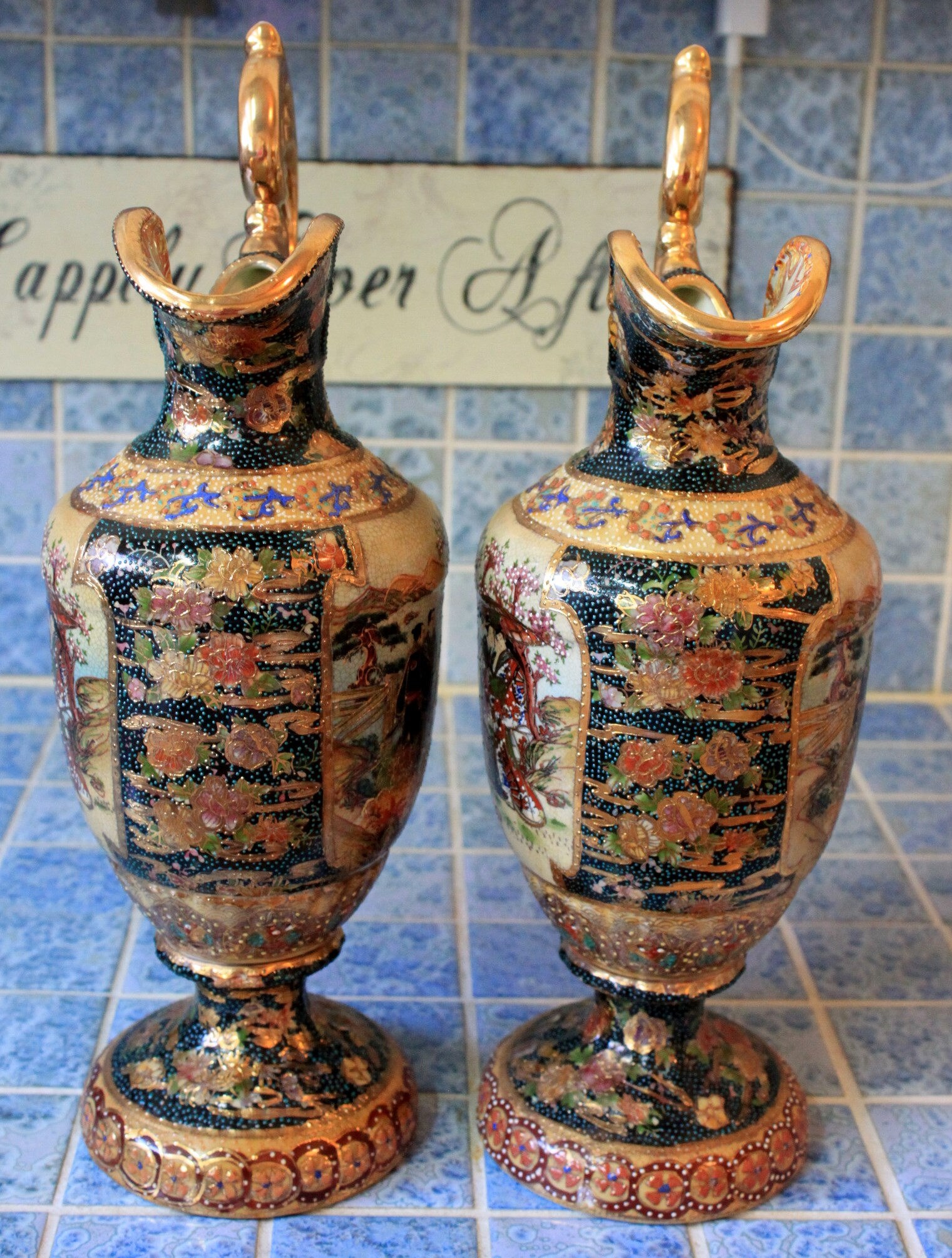 Large ROYAL SATSUMA Japanese Moriage & Gold Gilting Handle Vases