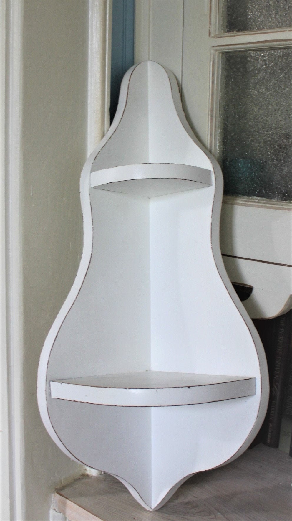 Vintage Freshly Chalk Painted White Wooden Corner Shelf Curio