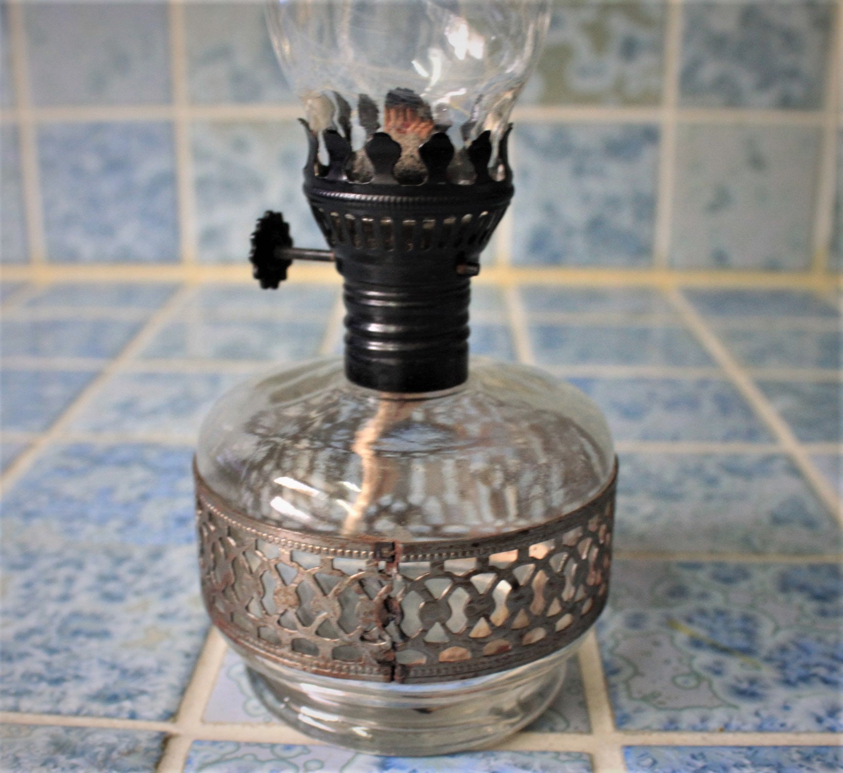 Vintage Oil Lamp/Decorative Oil Lantern/Pewter Colored Band/8 Inches