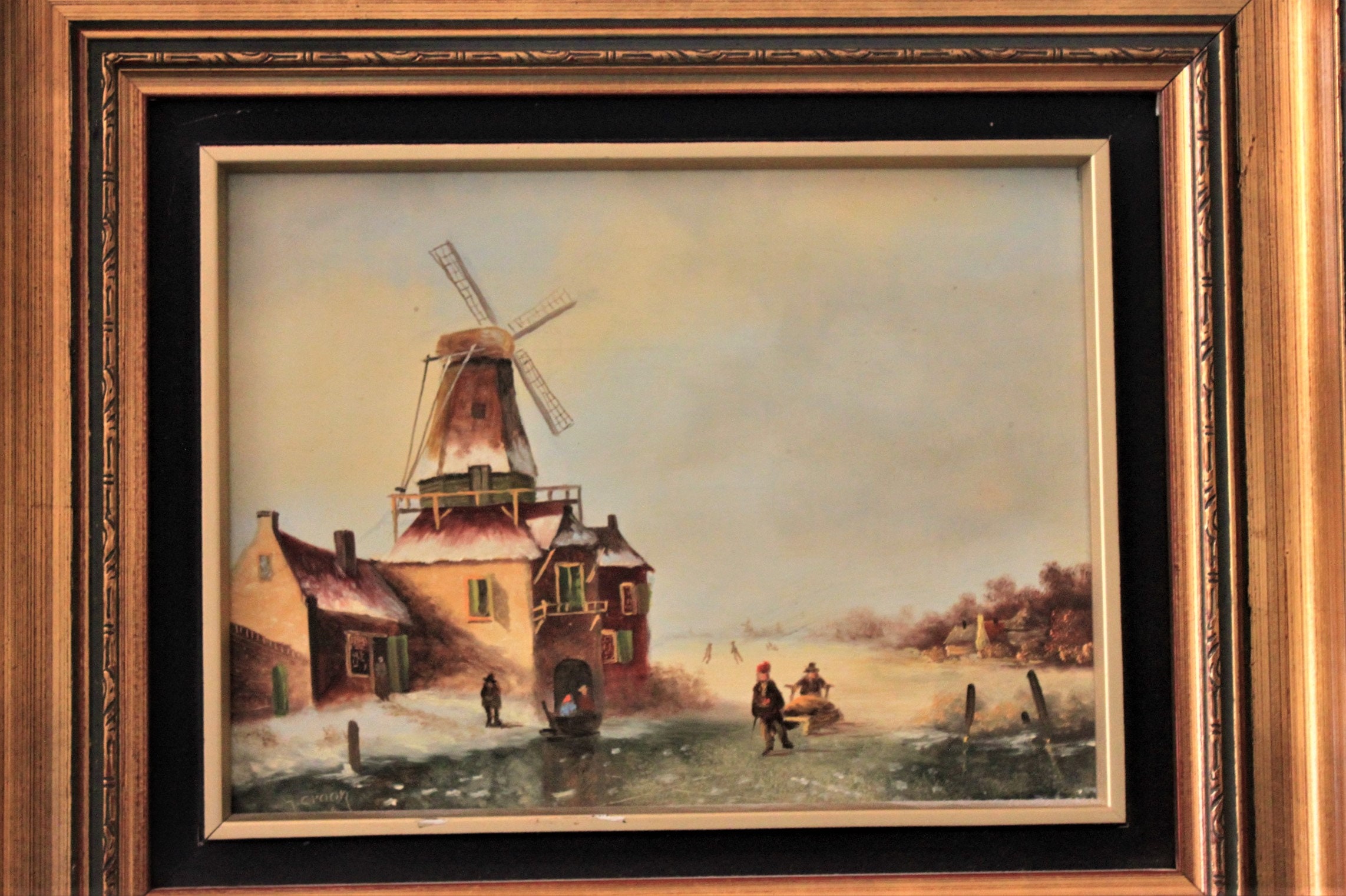 Framed 19th Century Dutch Oil Painting On Wood Signed J. Croon