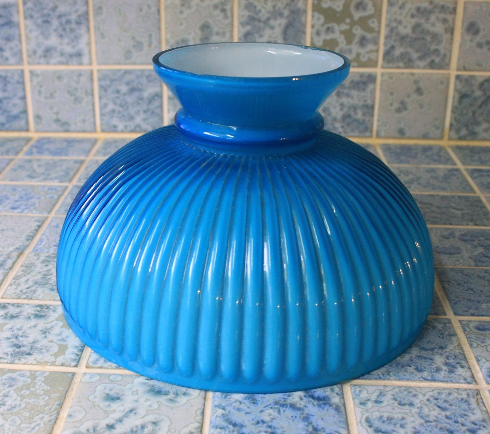 Blue Lamp Shade Cased Ribbed Glass for Student Lamp 10 Fitter