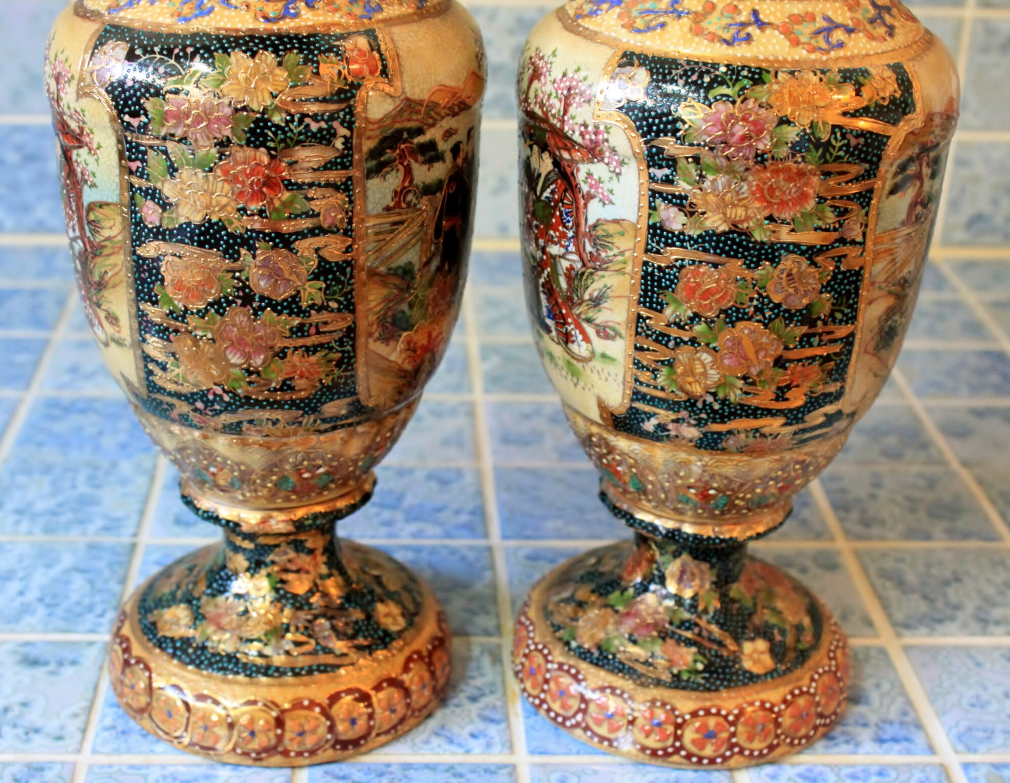 Large ROYAL SATSUMA Japanese Moriage & Gold Gilting Handle Vases