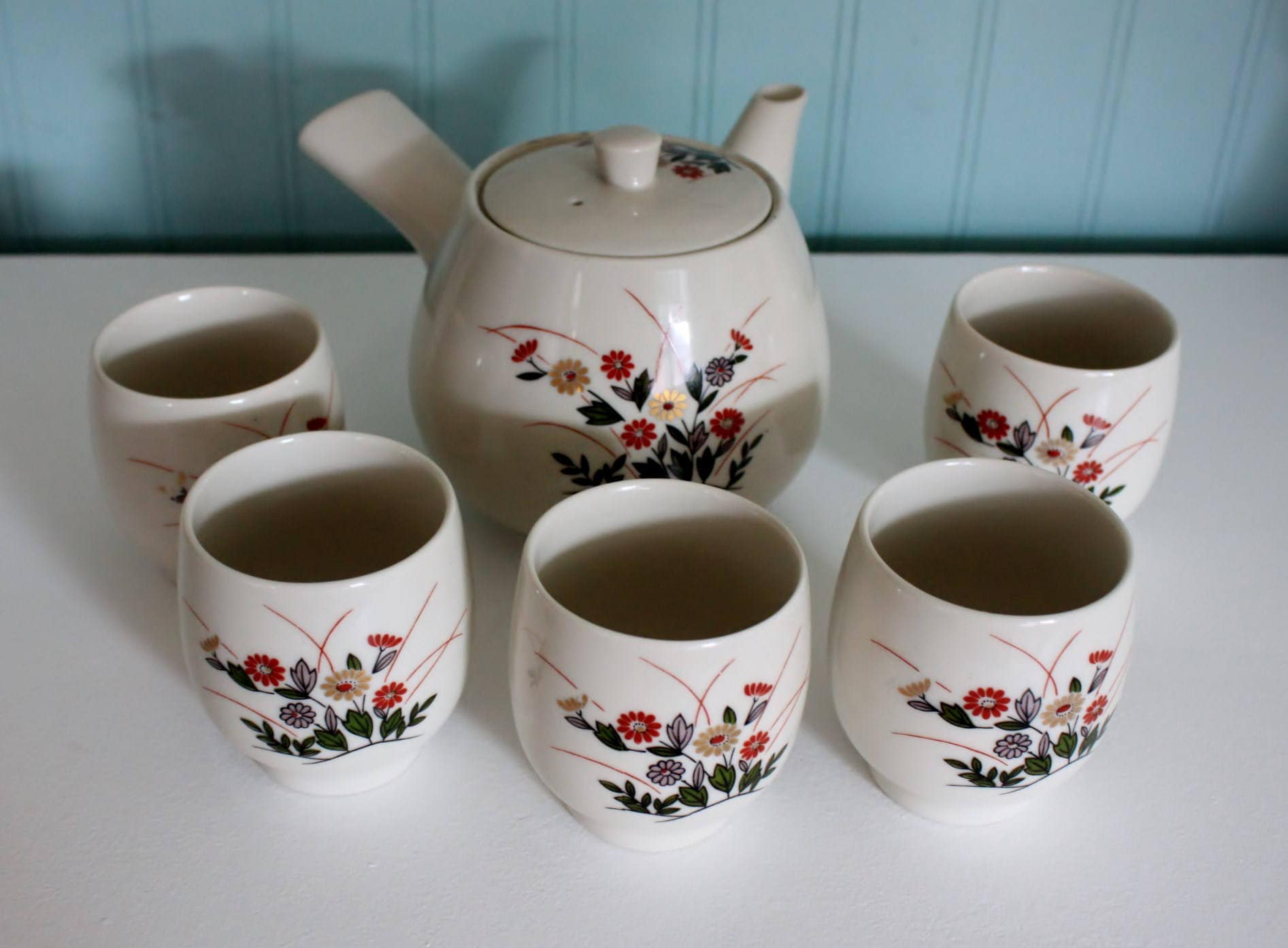 Vintage Porcelain JAPANESE Teapot Tea Pot Set Double Handle & 5 Cups