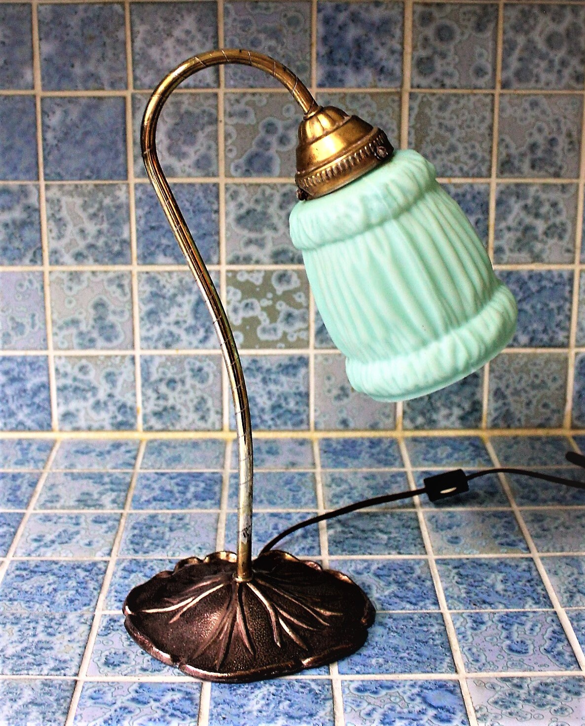 Brass Gooseneck Lamp with Light Teal Green Tulip Shade, Vintage