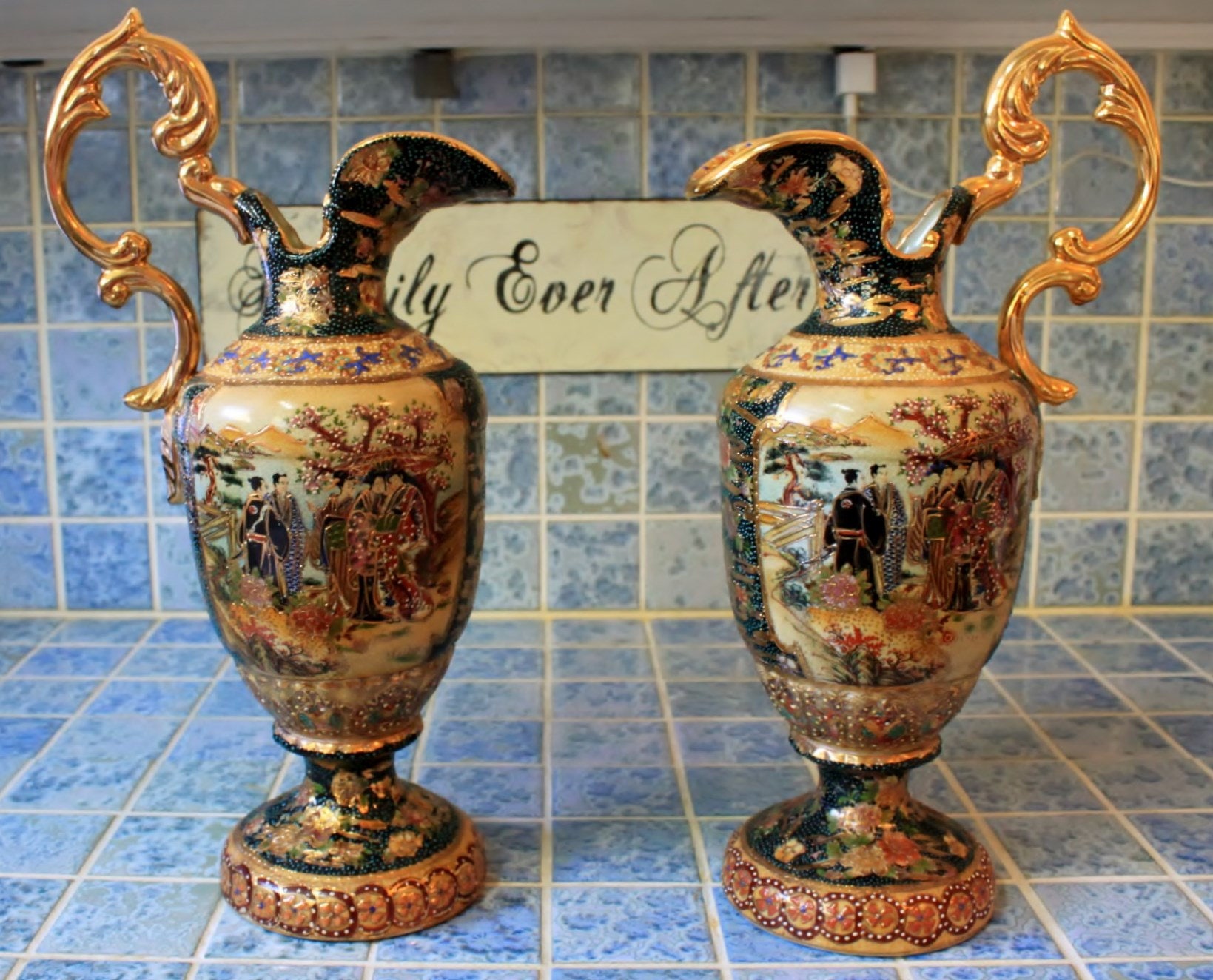Large ROYAL SATSUMA Japanese Moriage & Gold Gilting Handle Vases
