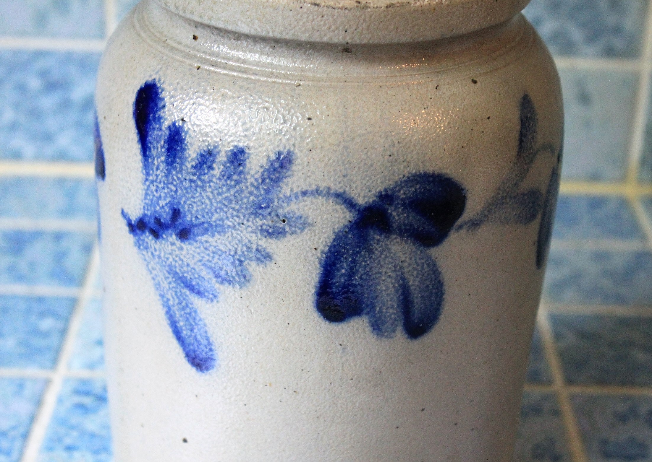 antique Cobalt Blue Decorated Stoneware Crock PA/VA 1gal