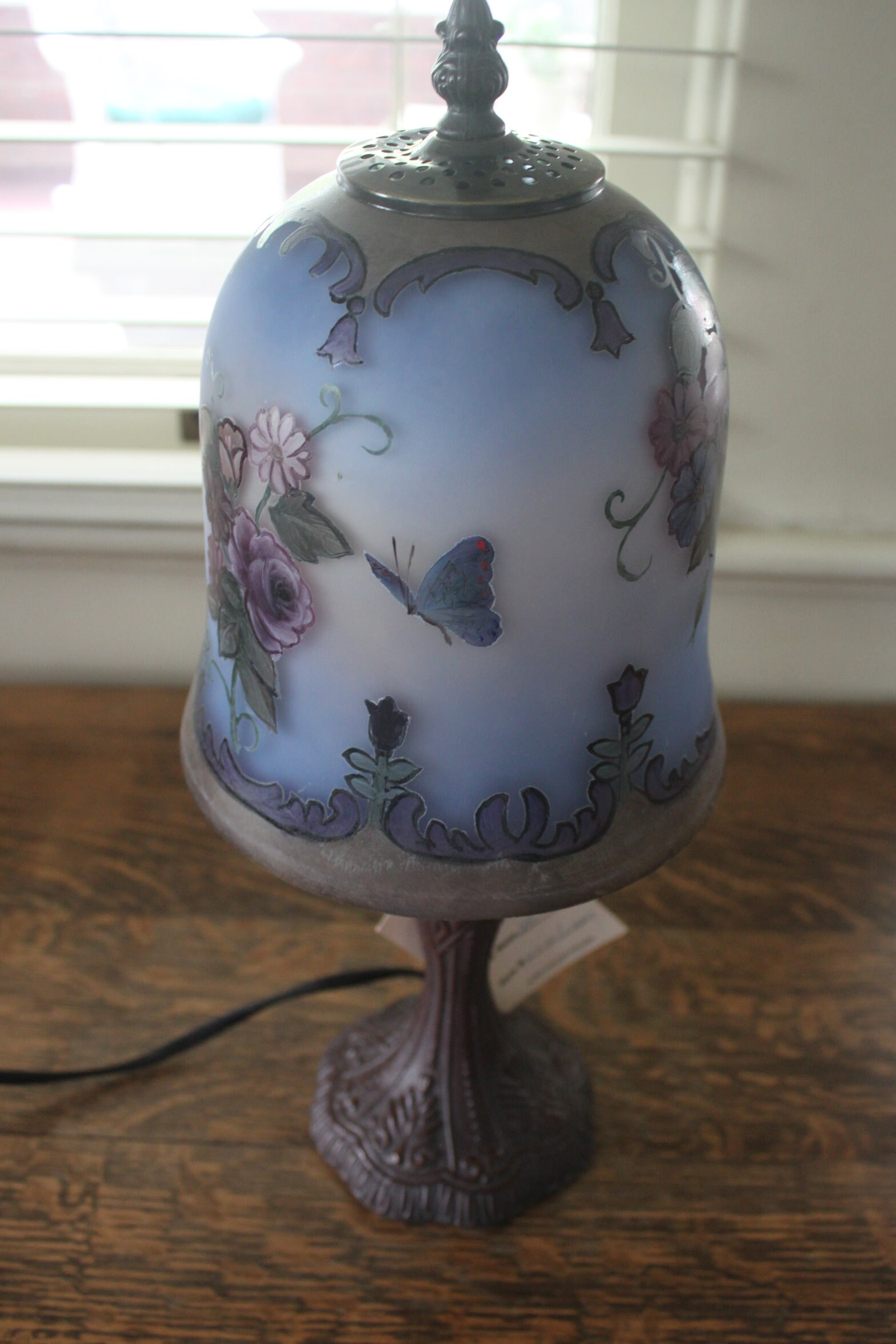 Vintage Boudoir Lamp Hand Painted Shade and Base, hand painted lamp