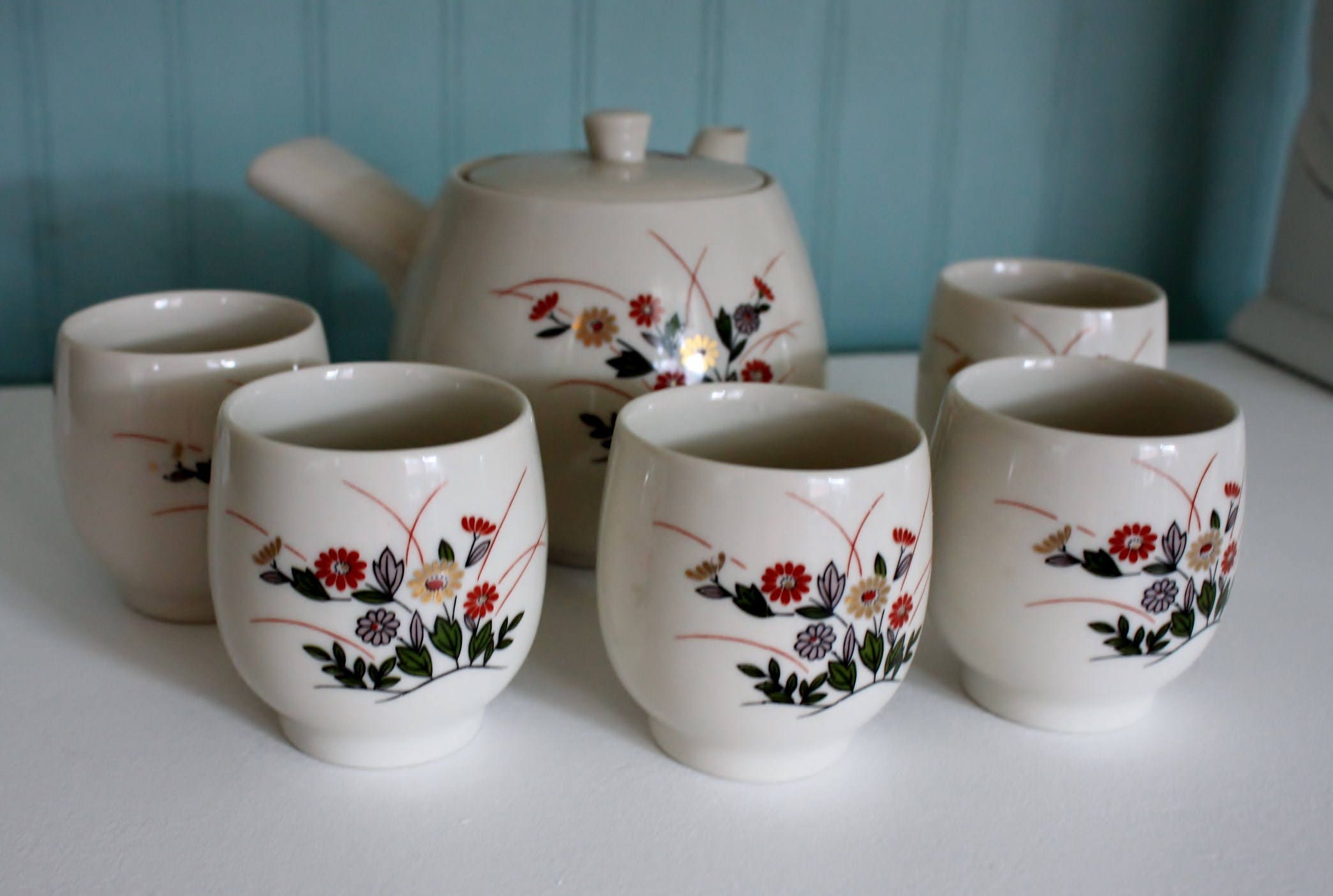 Vintage Porcelain JAPANESE Teapot Tea Pot Set Double Handle & 5 Cups