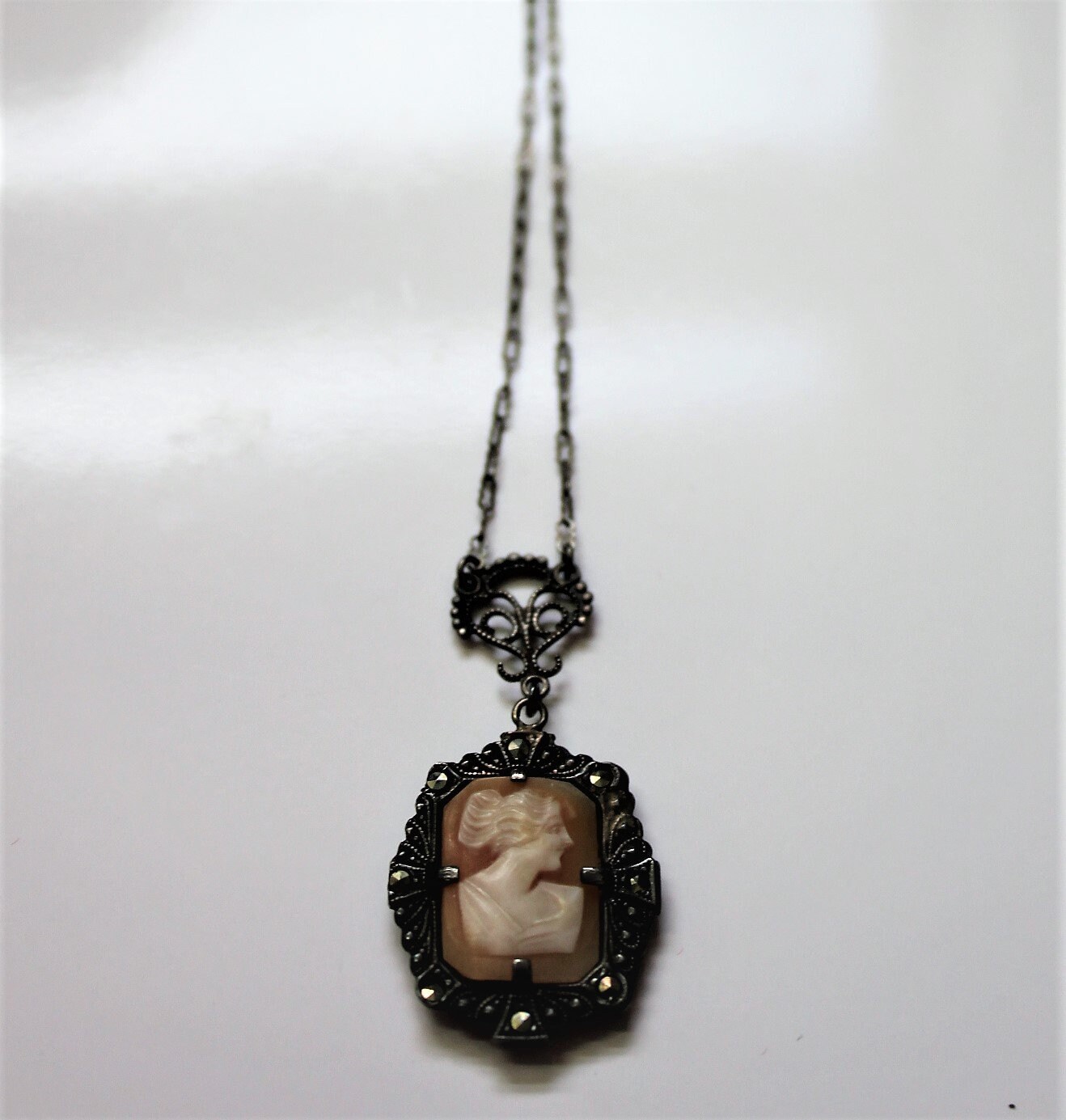 Antique Cameo Necklace, Sterling Silver Gold Filigree, Bib Style