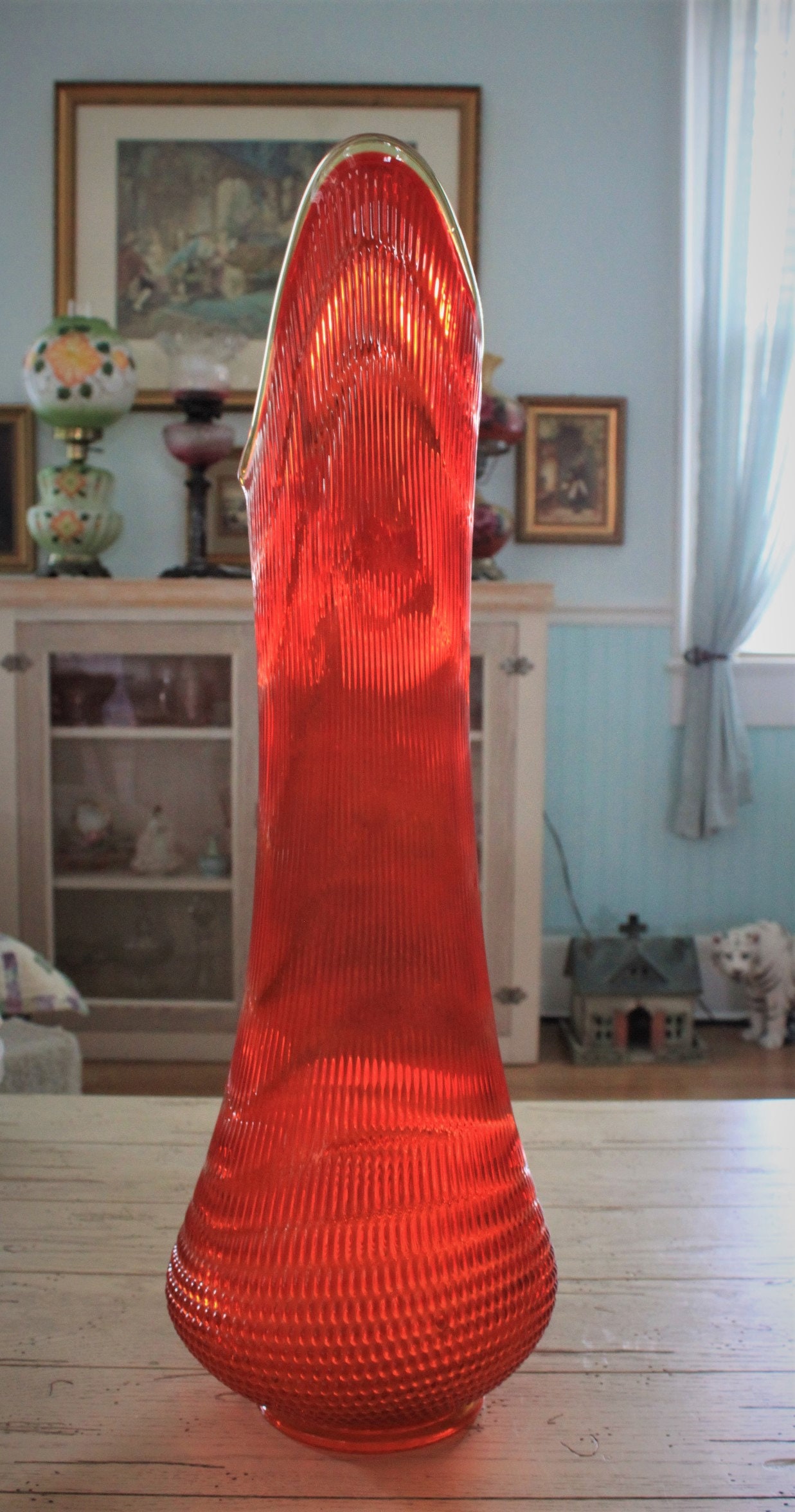 L.E Smith Viking HUGE Art Glass Floor Vase Orange