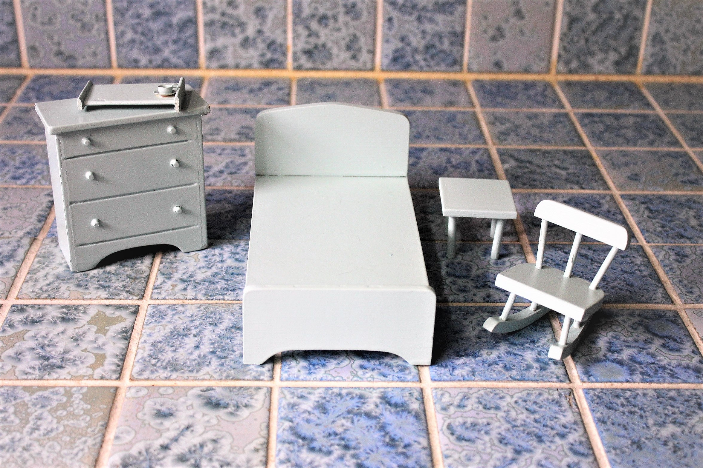 Vintage Dollhouse Furniture Bedroom Furniture, Table, Chair, bed