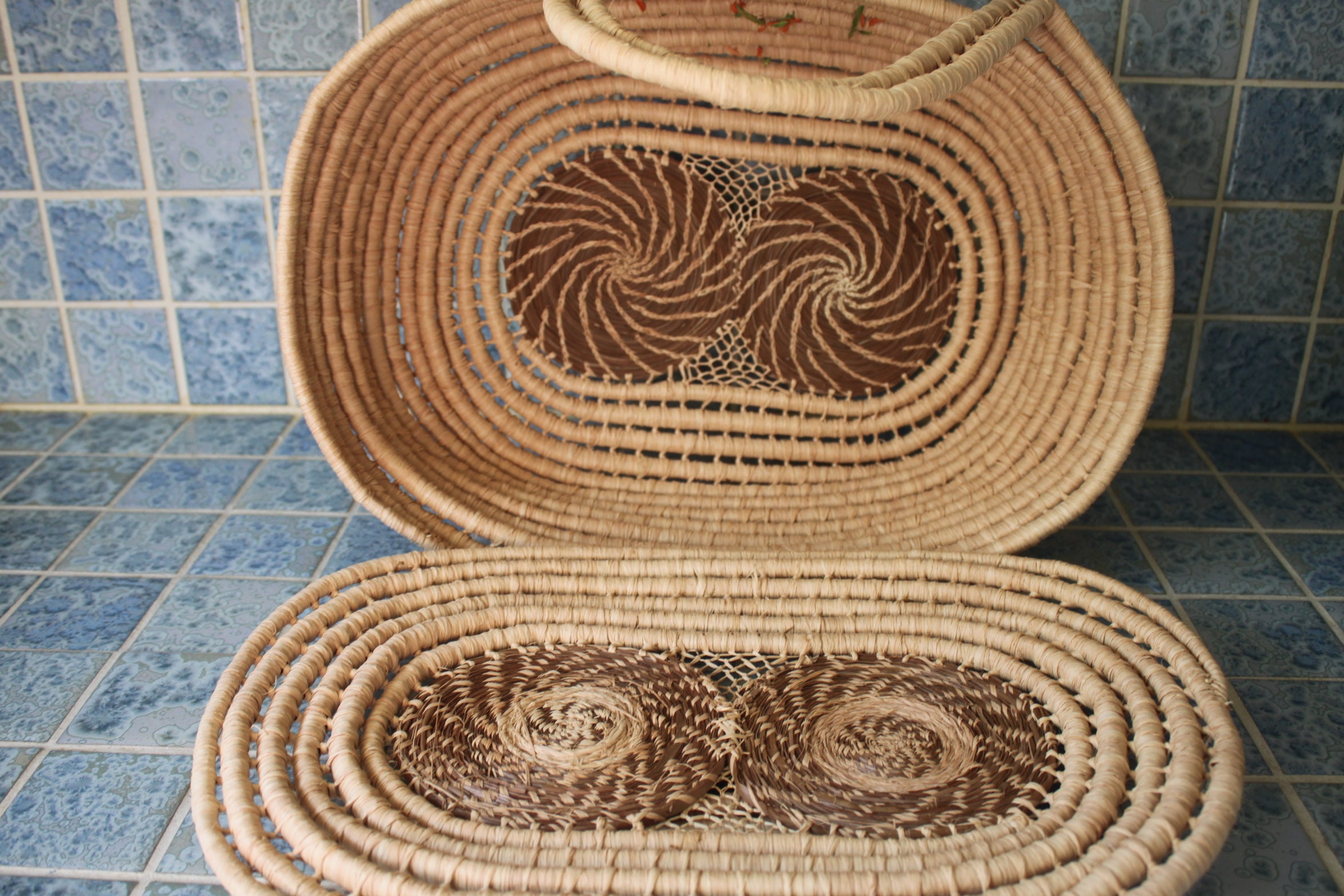 Vintage colorful woven straw basket with attached lid