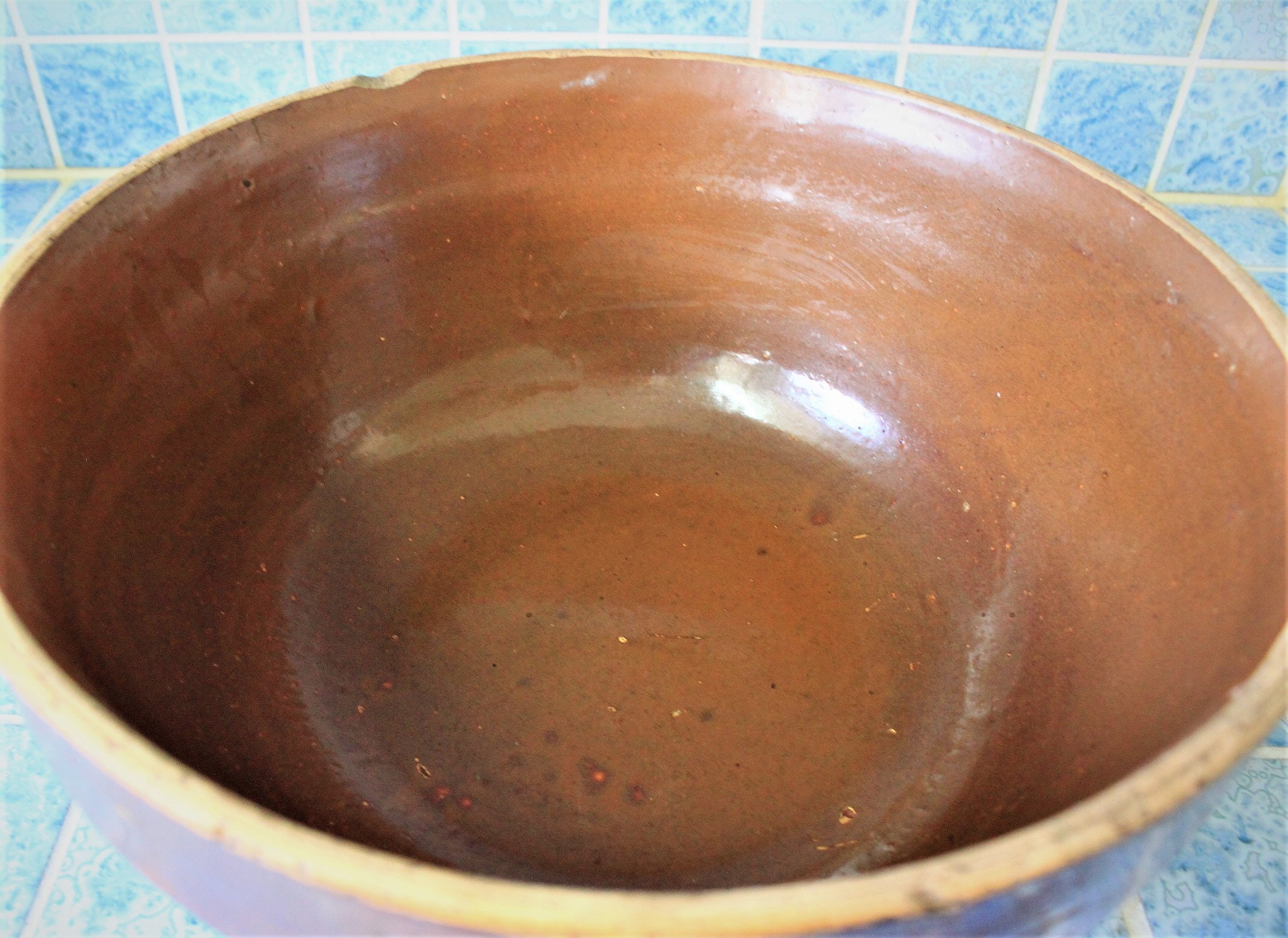 Antique Pottery Bread Bowl, Dough Bowl, dark brown Stoneware Bowl, Over