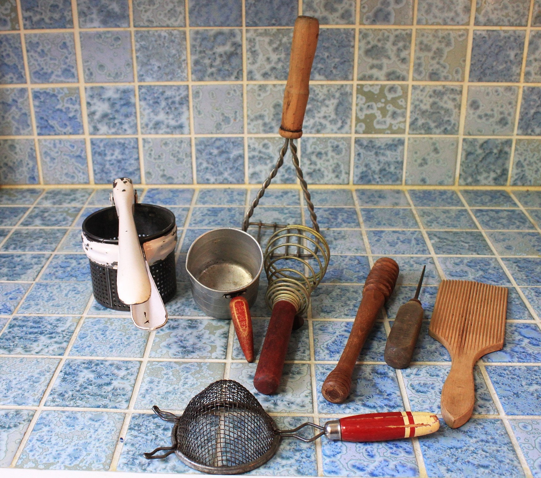 8 Primitive Kitchen Utensils Vintage Potato ricer, batter paddle, ice