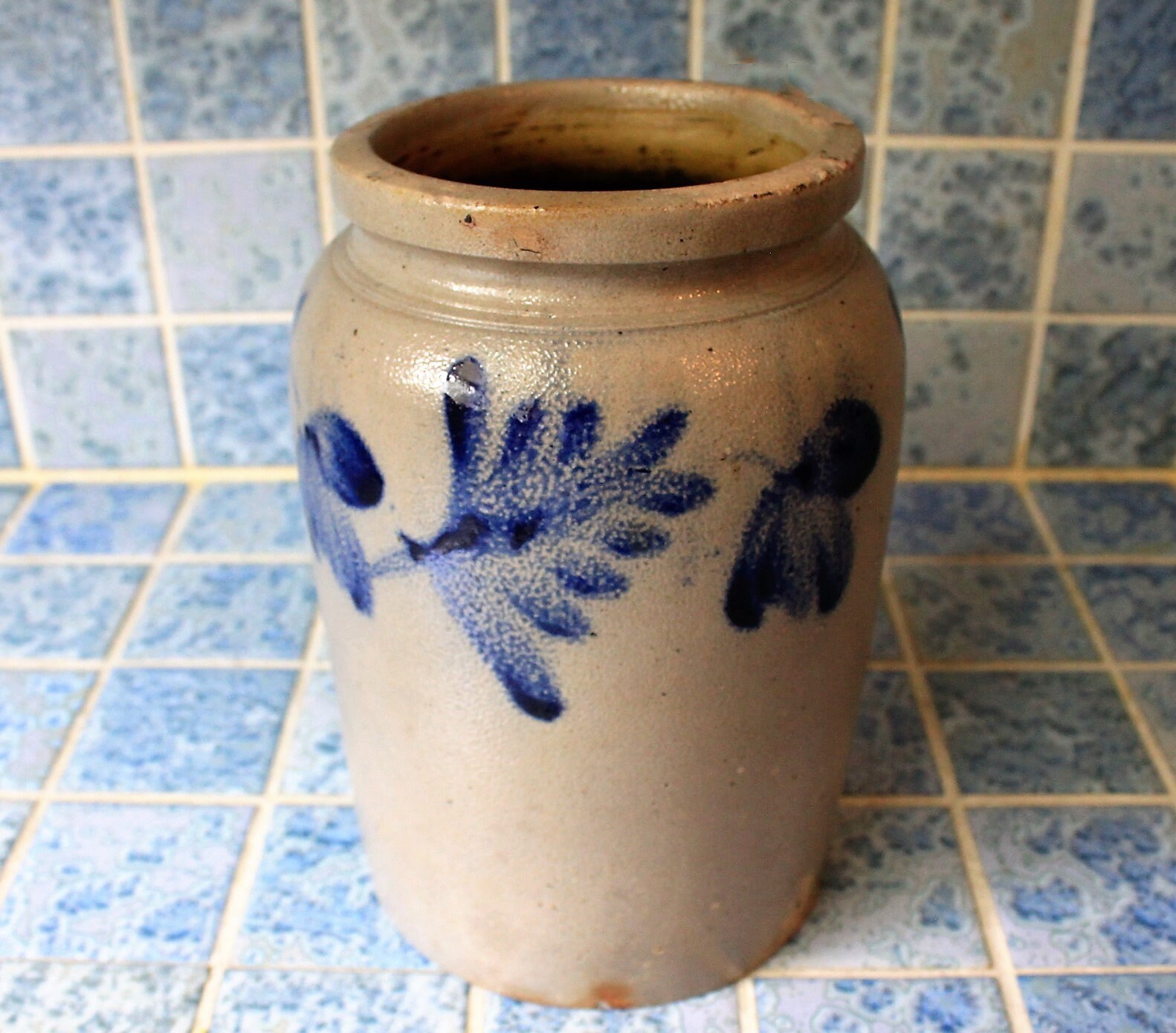 antique Cobalt Blue Decorated Stoneware Crock PA/VA 1gal