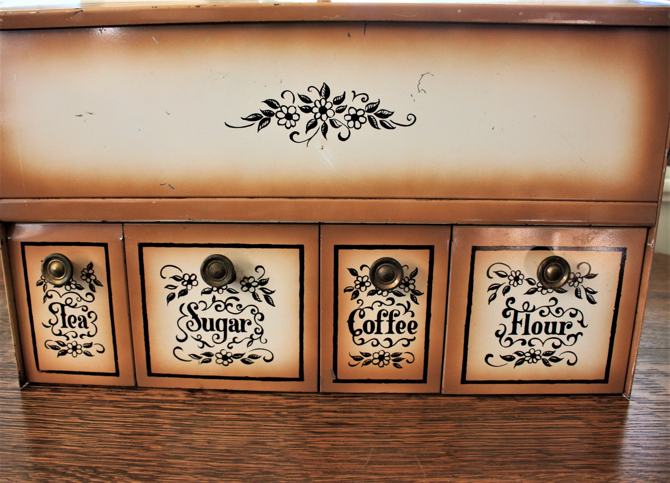 Vintage Metal Bread Box with Canisters with build in Coffee, Flour