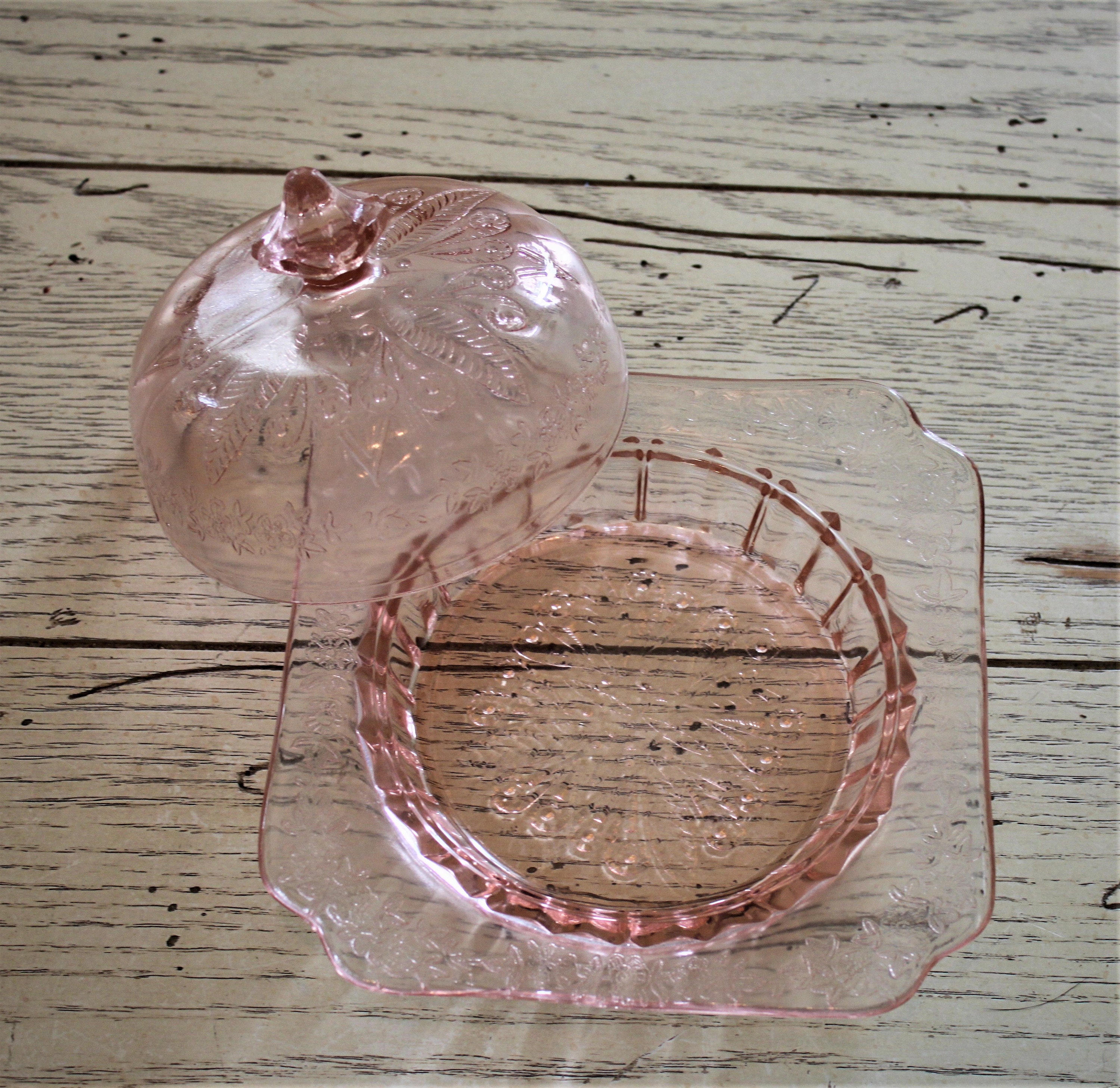 Vintage Glass Pink Adam Butter Dish