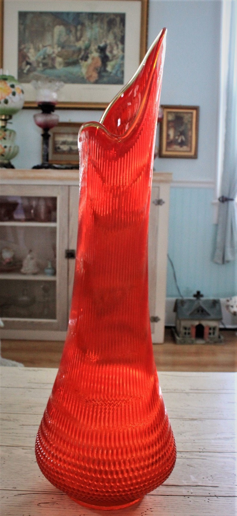 L E Smith Viking Huge Art Glass Floor Vase Orange Etsy