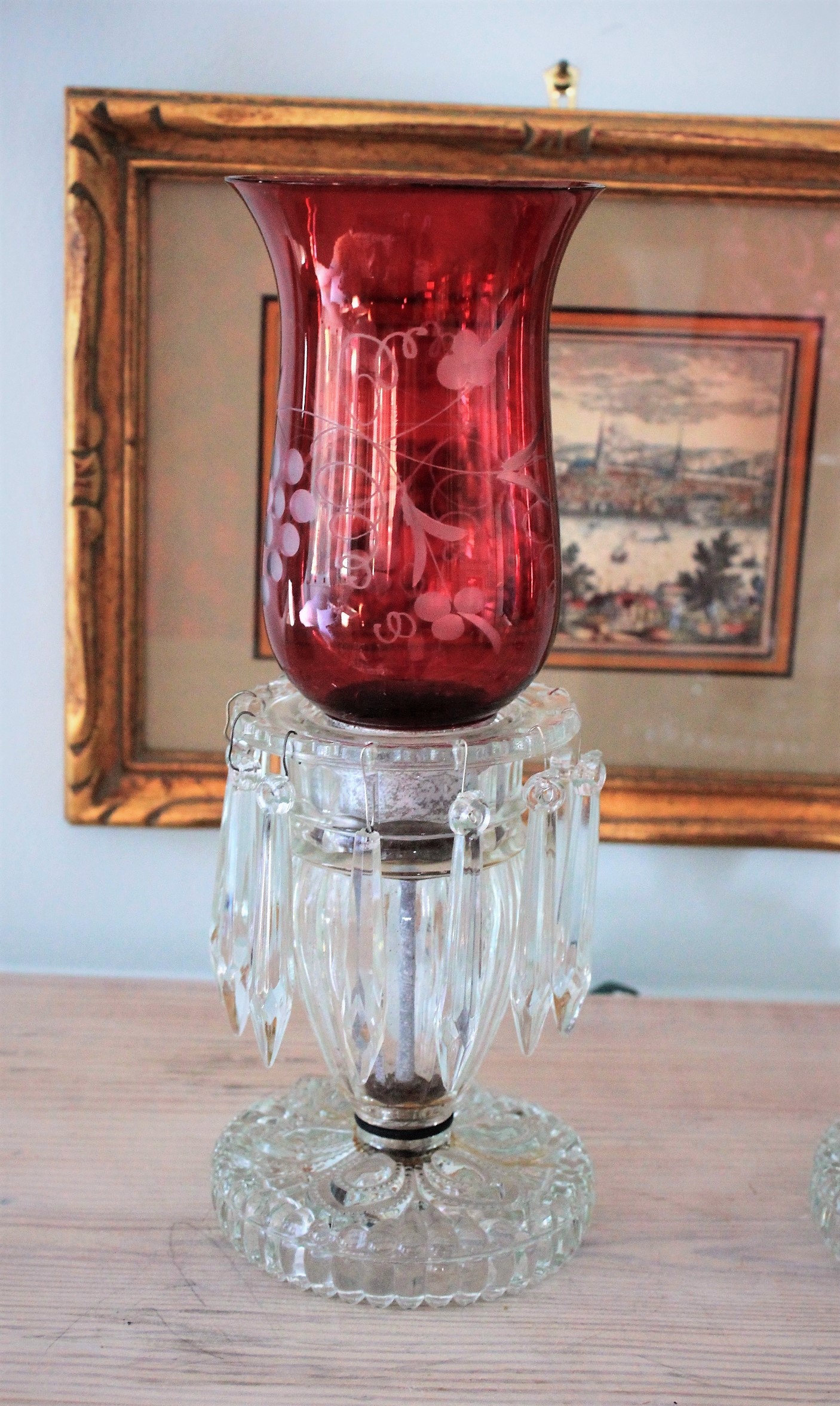 Pair of Cranberry Candle Cut Glass Hurricanes With Prisms Antique