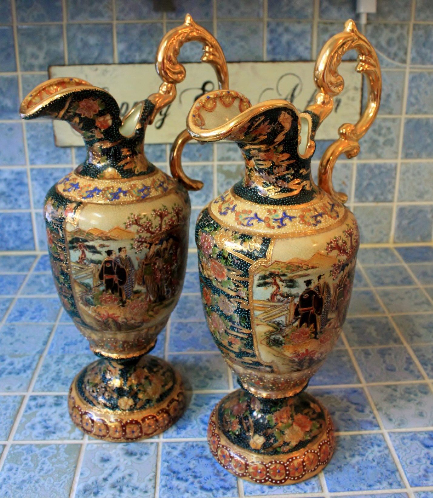 Large ROYAL SATSUMA Japanese Moriage & Gold Gilting Handle Vases