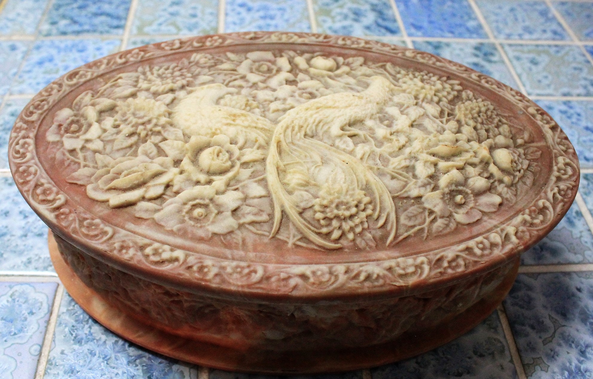 Vintage Jewelry Box Genuine Large Incolay Stone Birds of Paradise