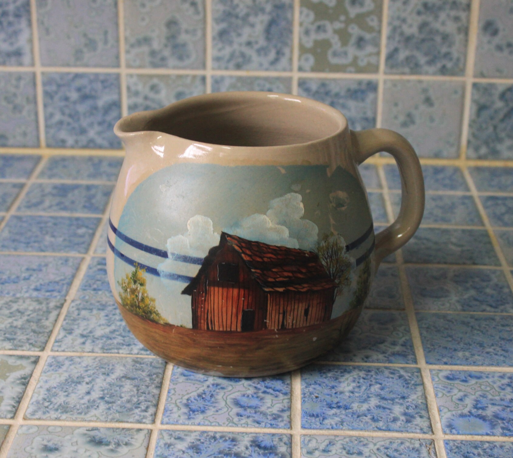 Stoneware Pitcher Barn Farm Scene Hand Painted Vintage Rustic Country