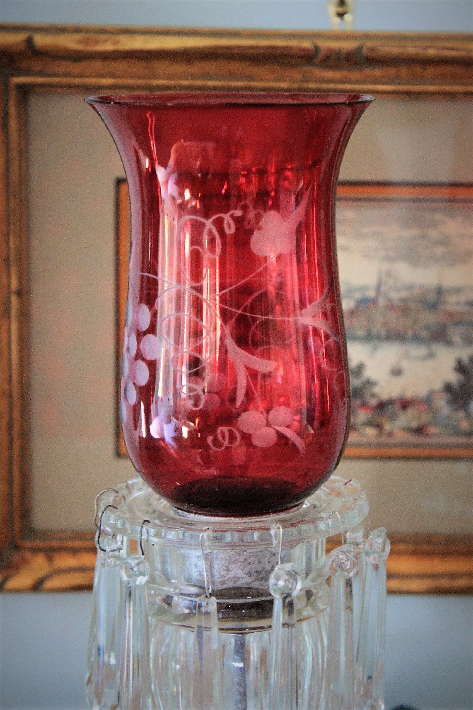Pair of Cranberry Candle Cut Glass Hurricanes With Prisms Antique