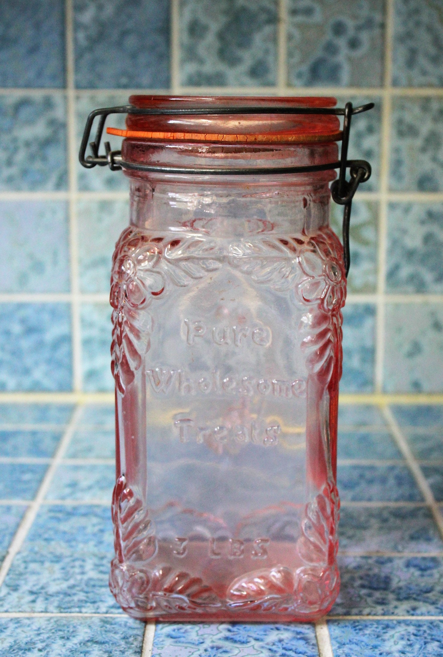 Crownford Giftware Corp 1980 Pink Glass Treat Jar Cookie Mason Jar