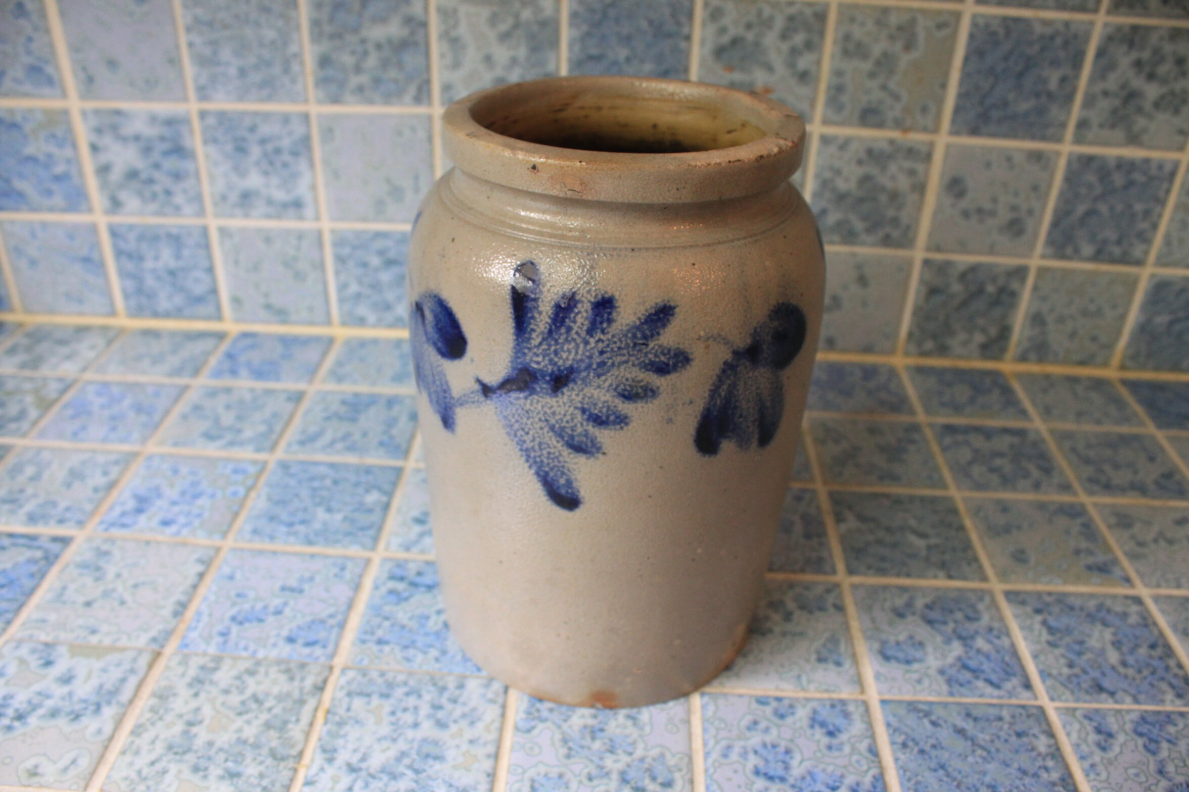 antique Cobalt Blue Decorated Stoneware Crock PA/VA 1gal