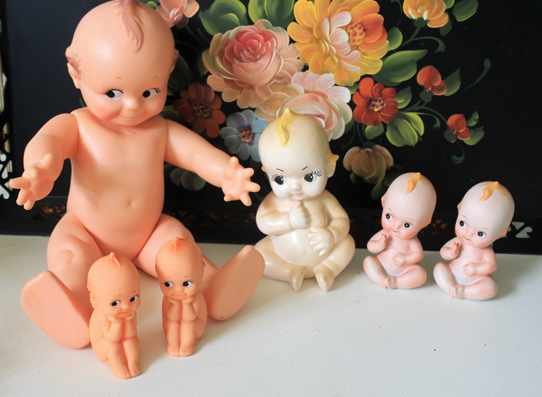 Collection of 6 Kewpie Dolls, 2 Vintage Bisque Kewpie Dolls, 1 Large