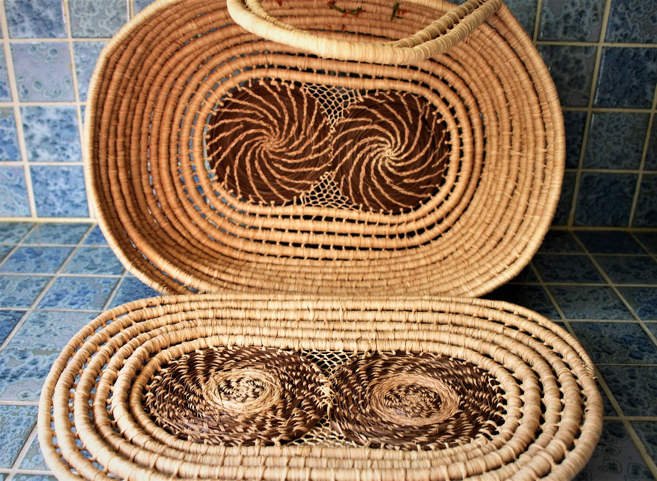 Vintage colorful woven straw basket with attached lid