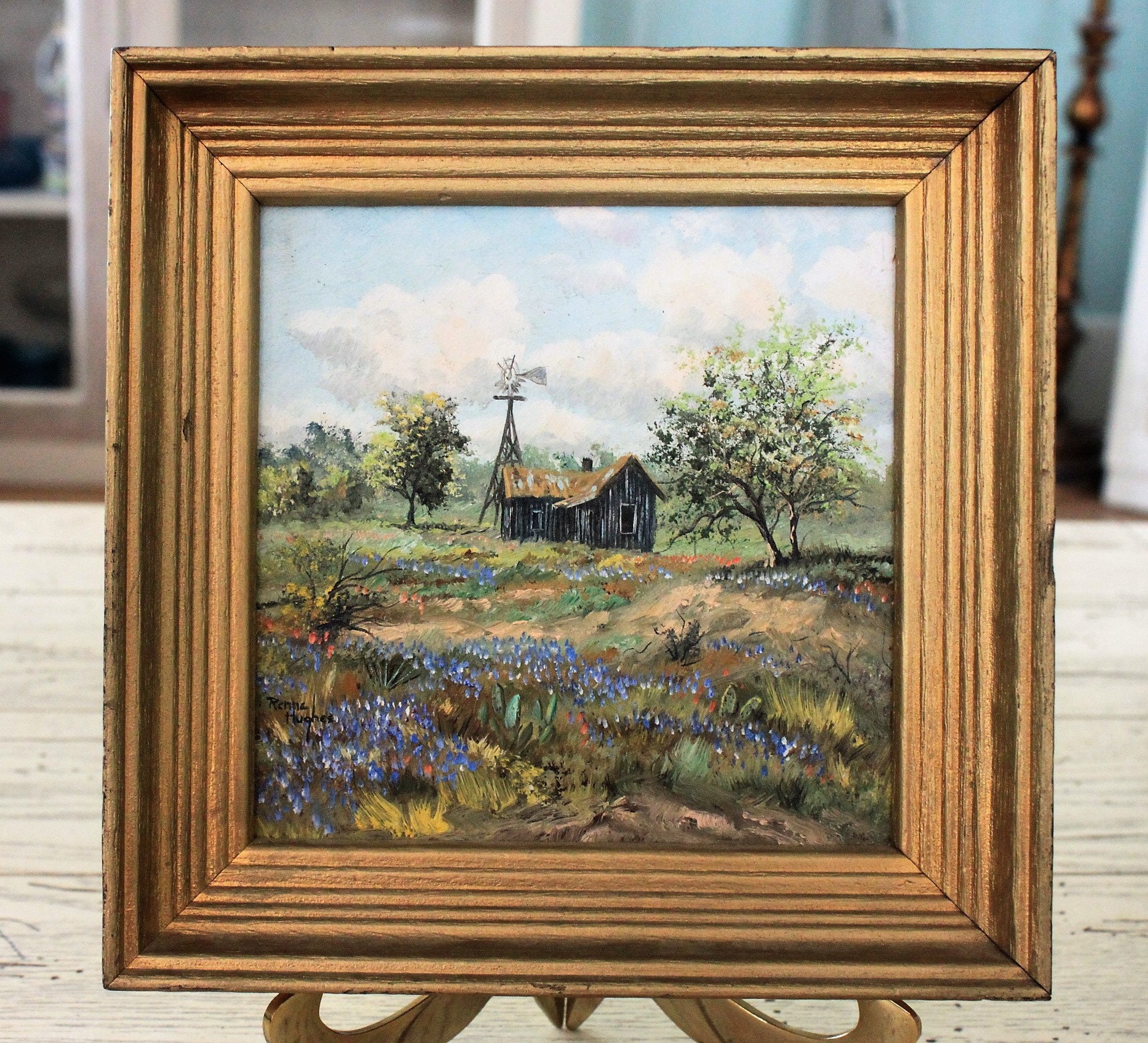 Original Framed Oil Painting by Renne Hughes Homestead with windmill in