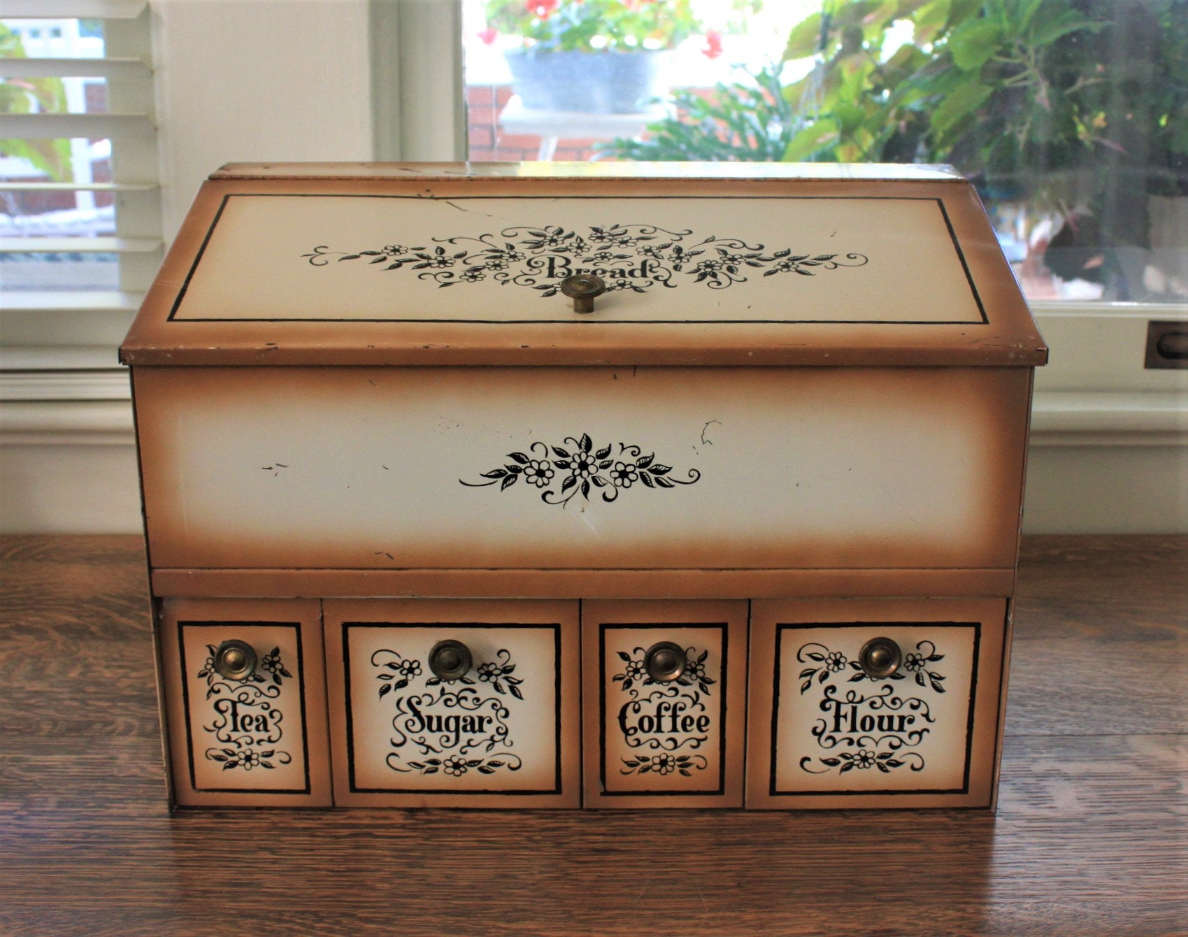 Vintage Metal Bread Box with Canisters with build in Coffee, Flour