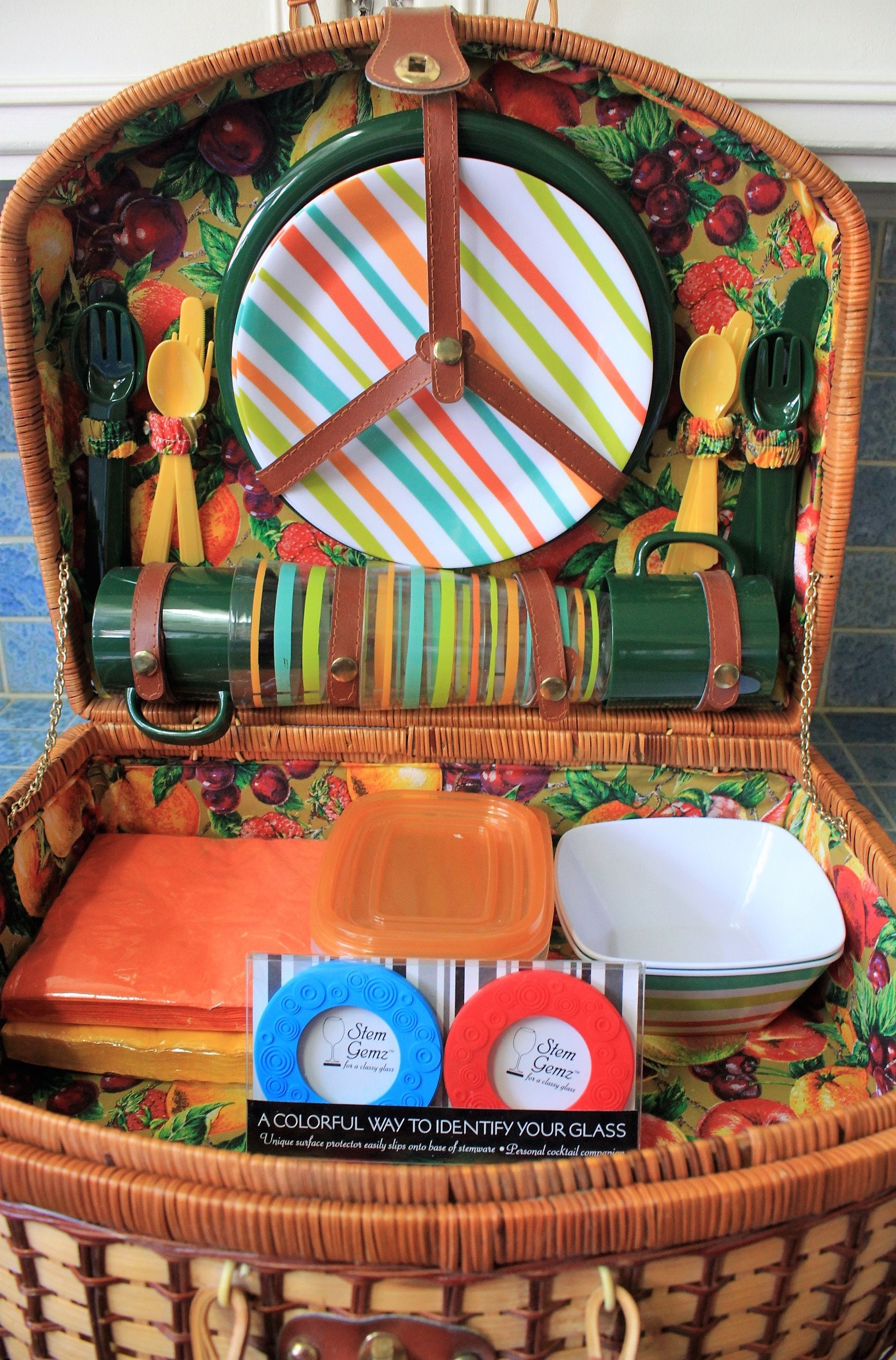 Complete Vintage Wicker Picnic Basket with set Dinnerware Boho Basket