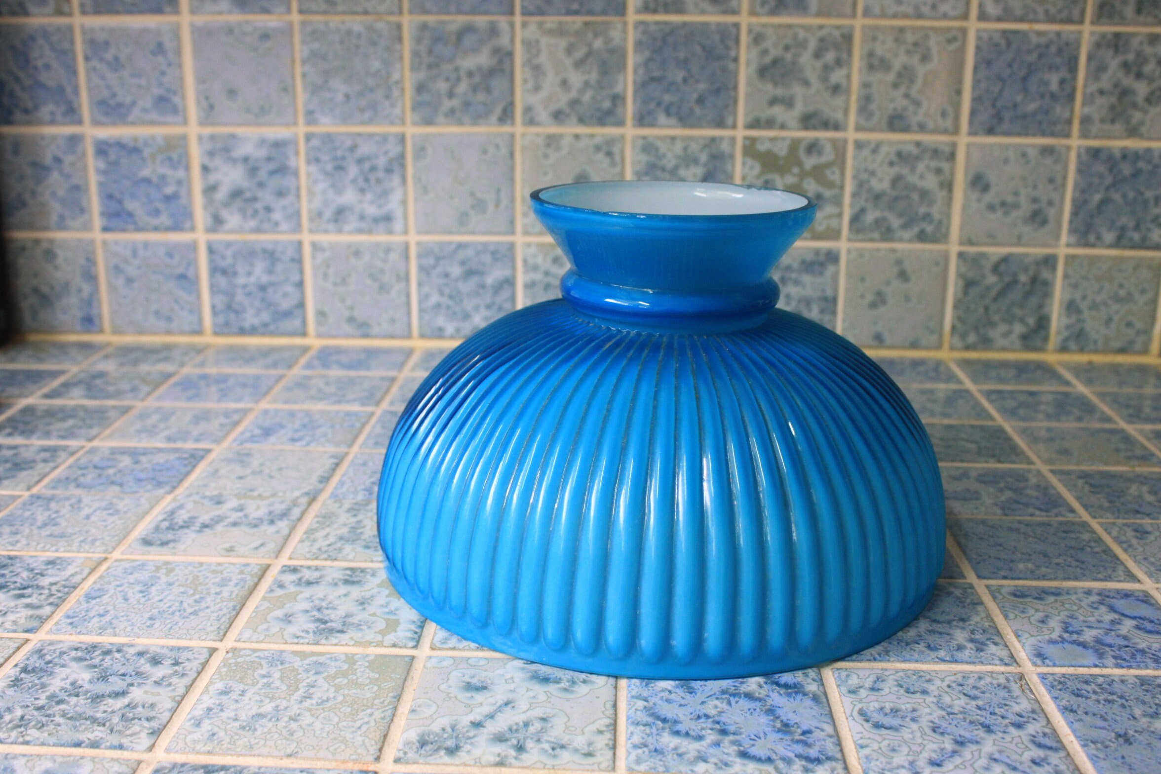 Blue Lamp Shade Cased Ribbed Glass for Student Lamp 10 Fitter