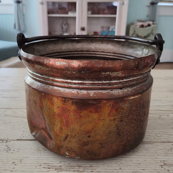 Antique Primitive Dovetail Seam Hammered Copper Pot Cauldron Kettle Crude Forged