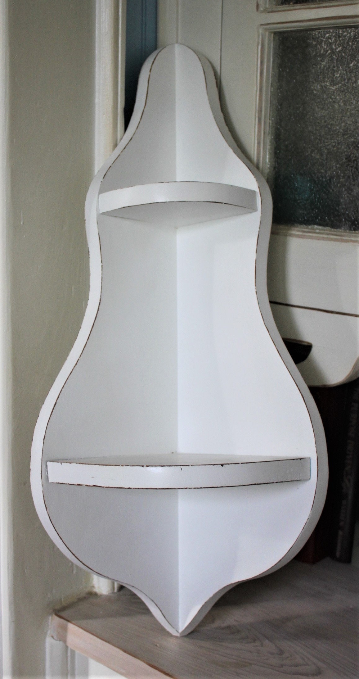 Vintage Freshly Chalk Painted White Wooden Corner Shelf Curio