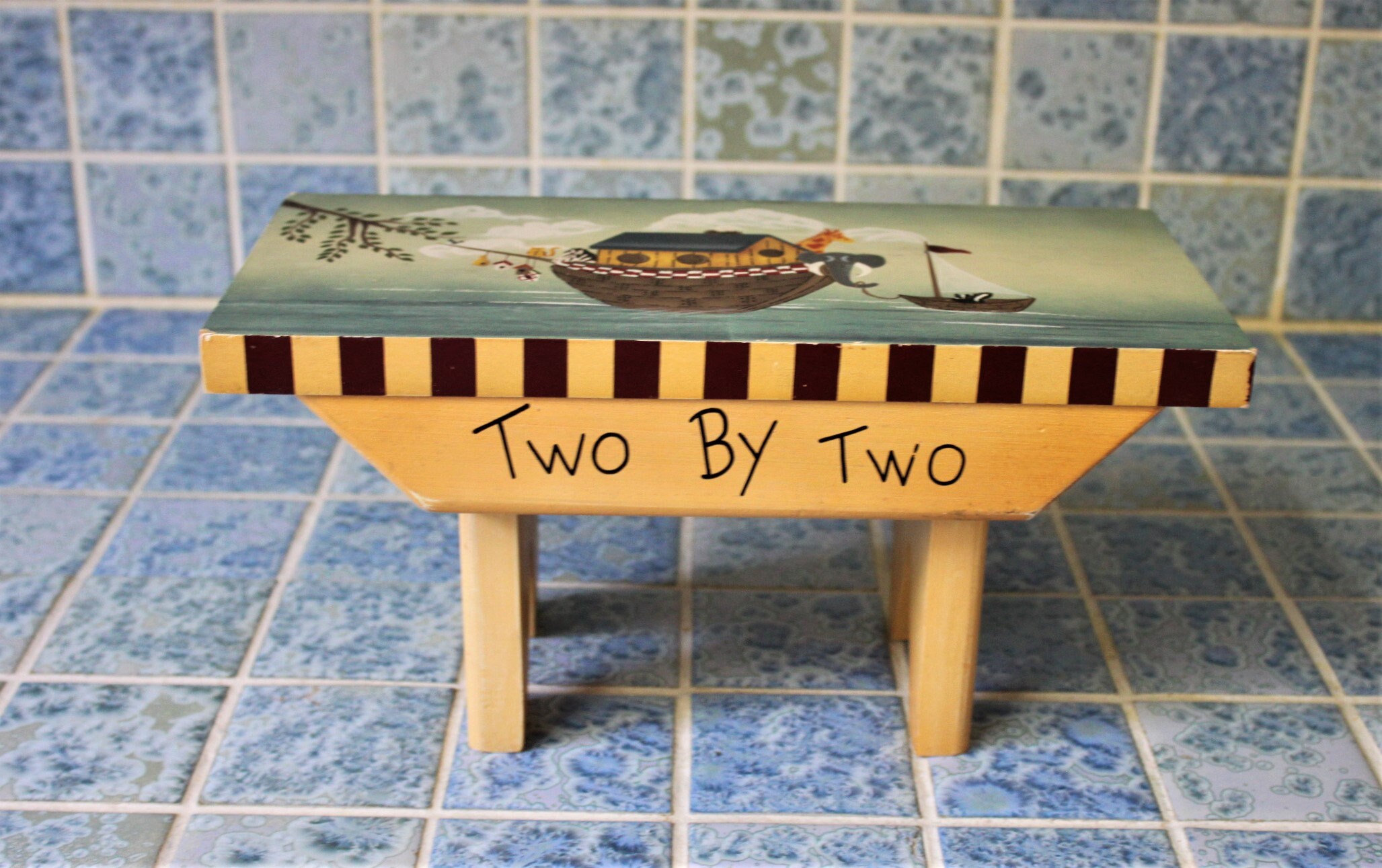 Decorative Noah’s Ark wooden hand painted childs foot stool