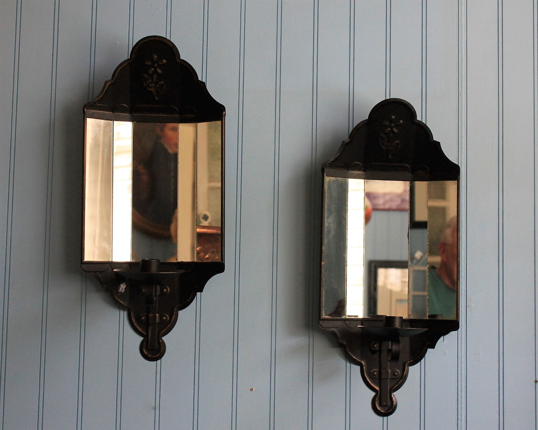 Two Black Tin Mirror Candle Sconces with Flowers Design Reflector