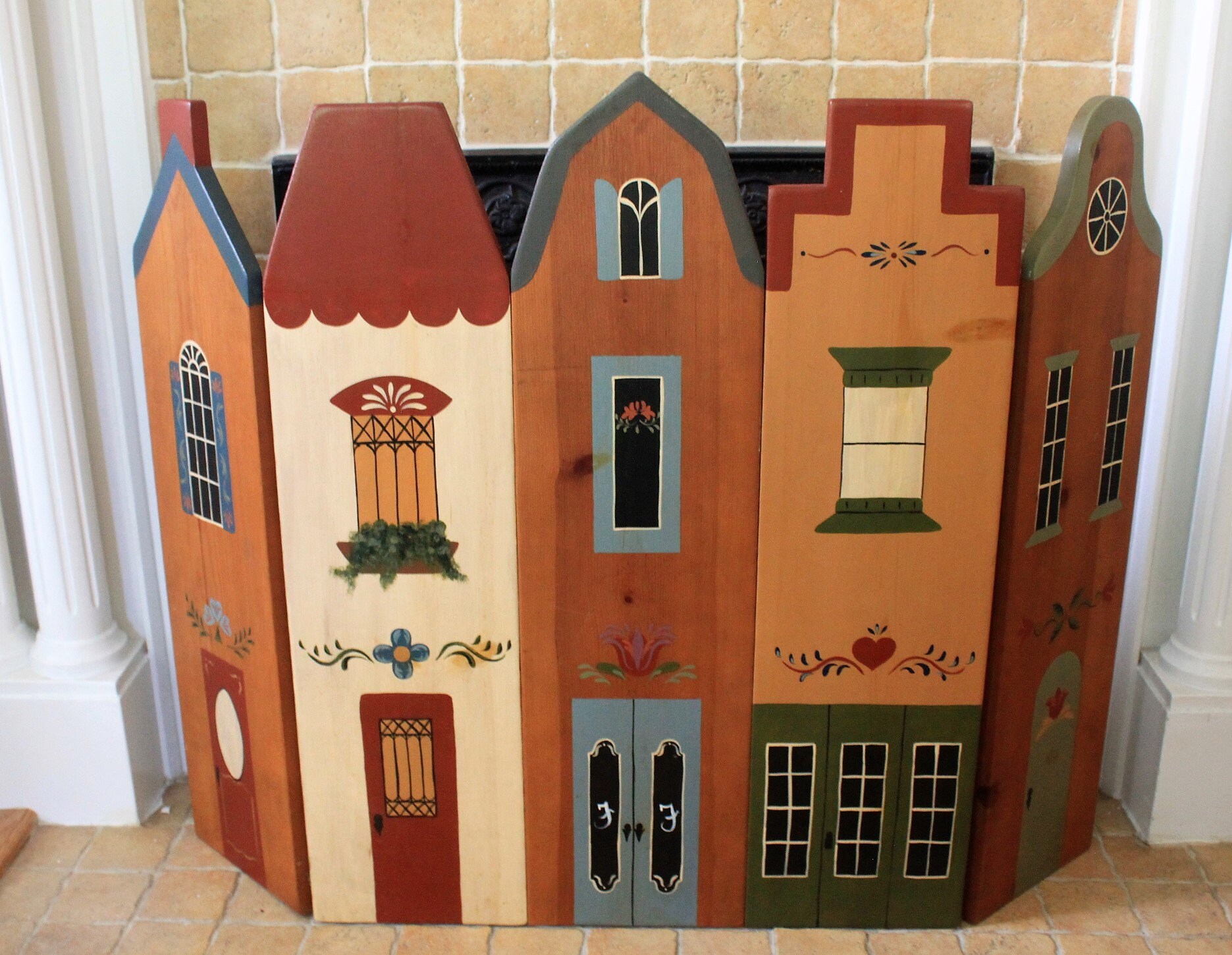 4 Fold hand painted wooden fire screen with row house décor 33” X 45”