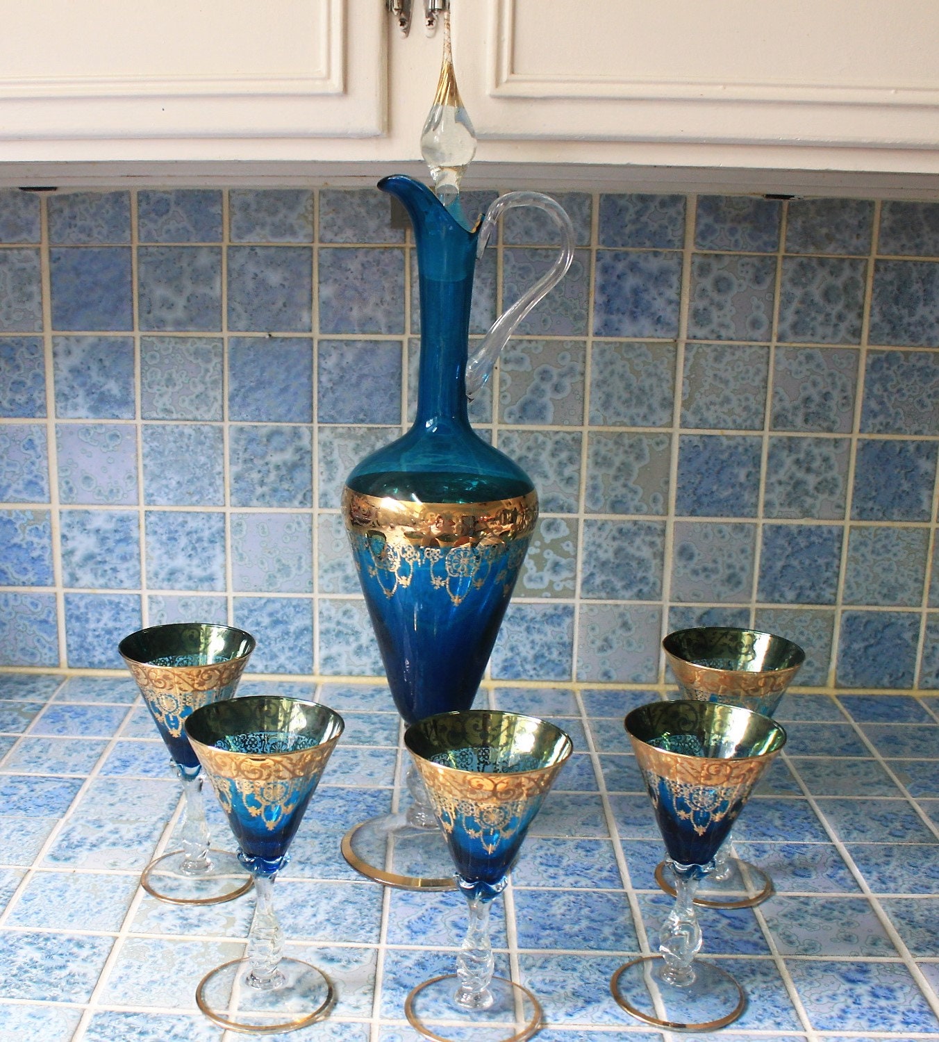 Italian Murano Blue Wine Glasses Cordial set with 24 Ct gold