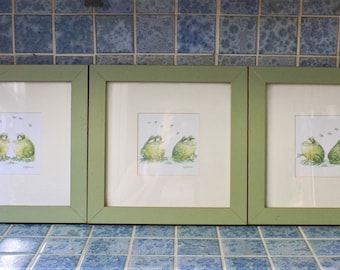 Framed Art Prints Watercolors by UK Artist Judy Rossouw, Frogs in love flirting.