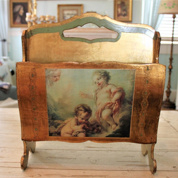 VTG Neiman Marcus made in Italy Florentine Gilded, Victorian, shabby Chic ,Embossed Wood Magazine Rack with Cherubs