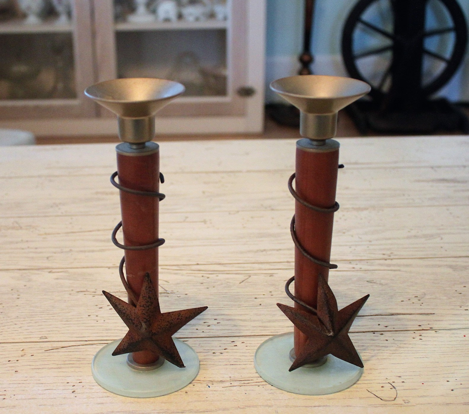 Beautiful wooden and glass primitive candle holders