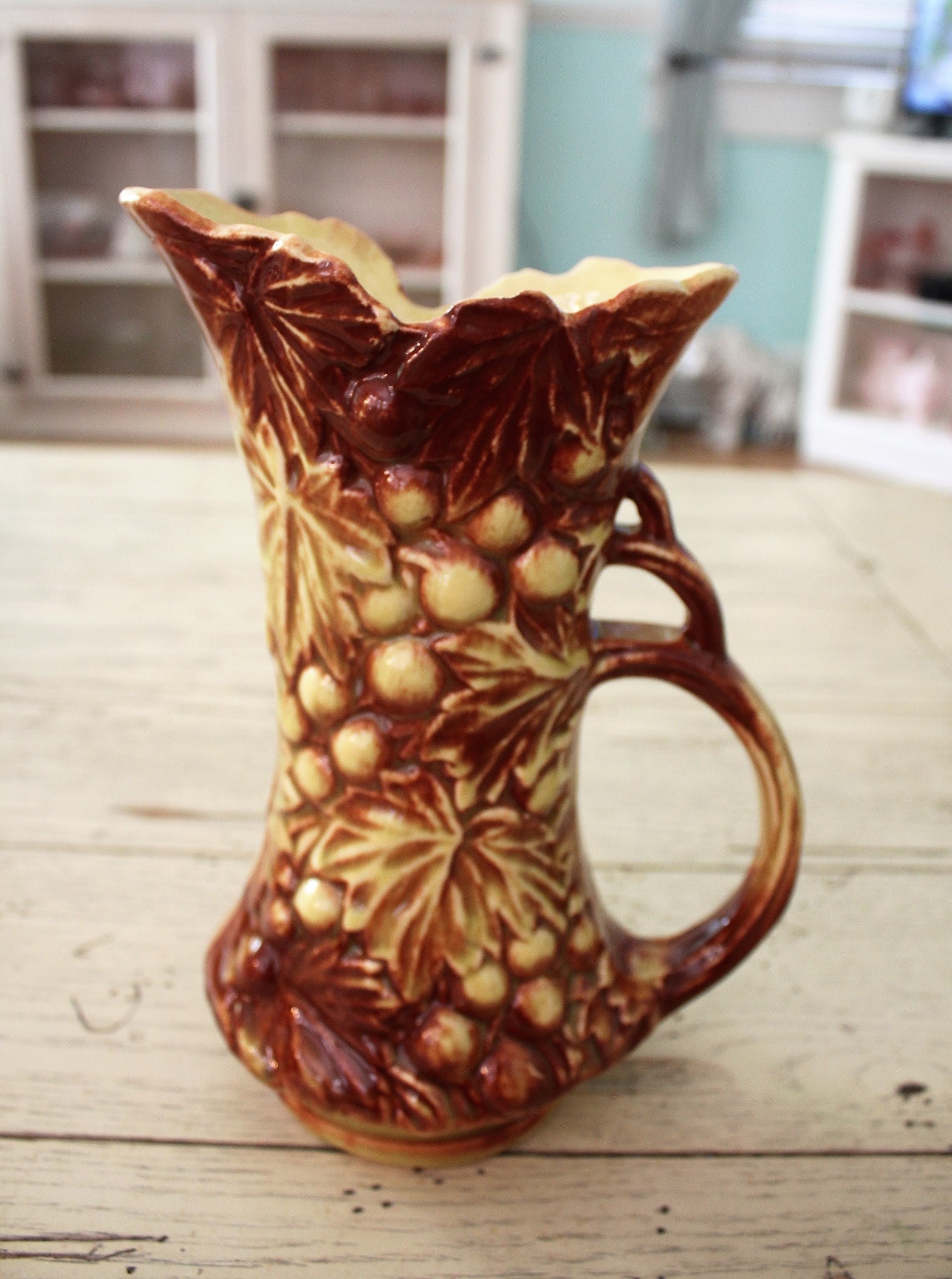 McCoy pottery grapes and leaves pitcher vase yellow
